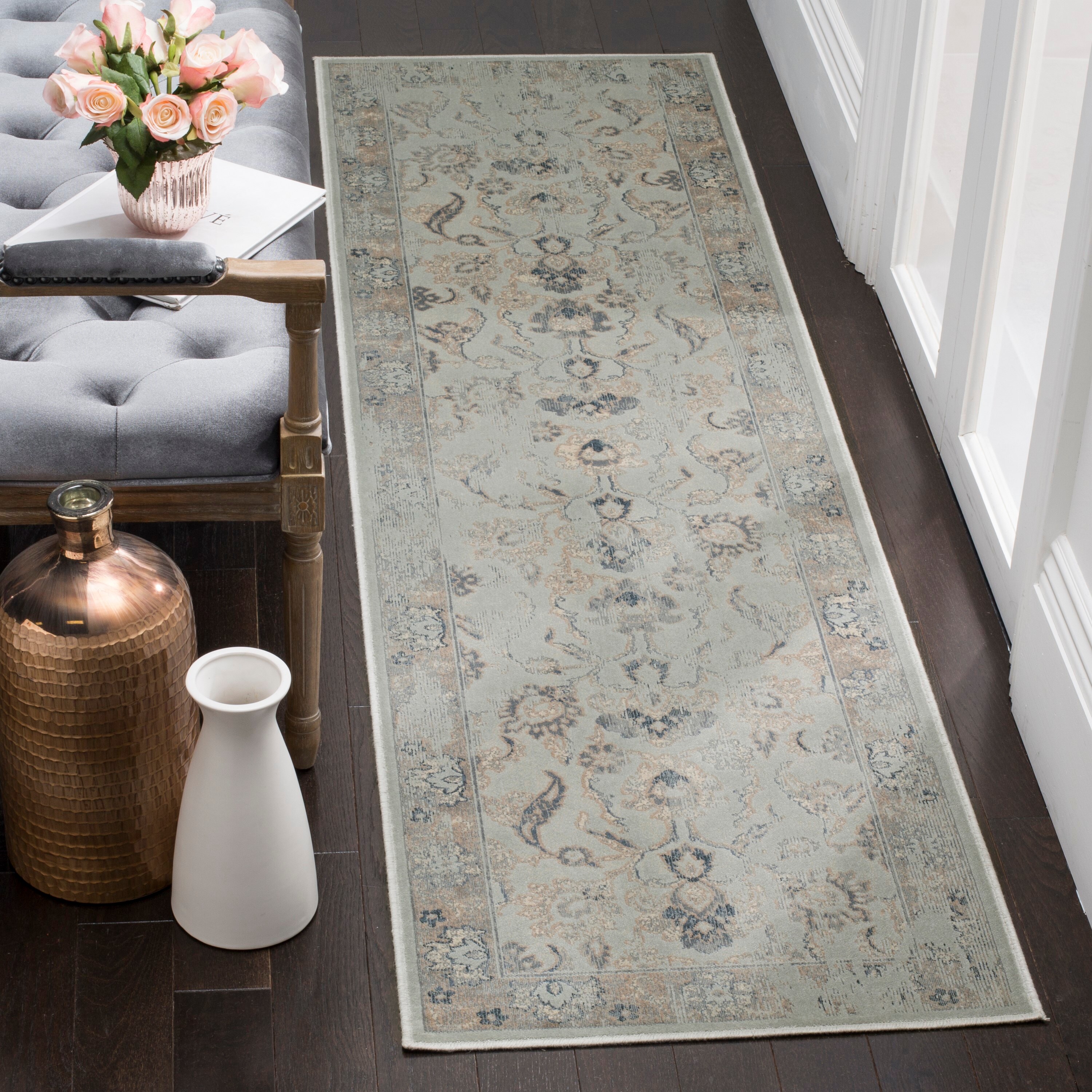 Light Blue Hand-Knotted Viscose Oriental Runner Rug