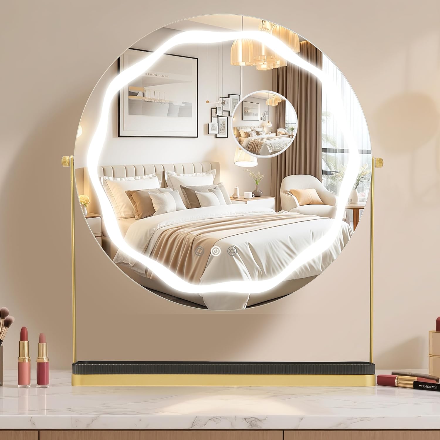Qeetex CC-77PBC-3334YJPV Vanity Mirror with Lights LED Desktop Bulb Mirror with 10multiple Magnification Dual Touch Button Switch and Even LED Light Ring Sturdy Iron Frame and MDF Backboard