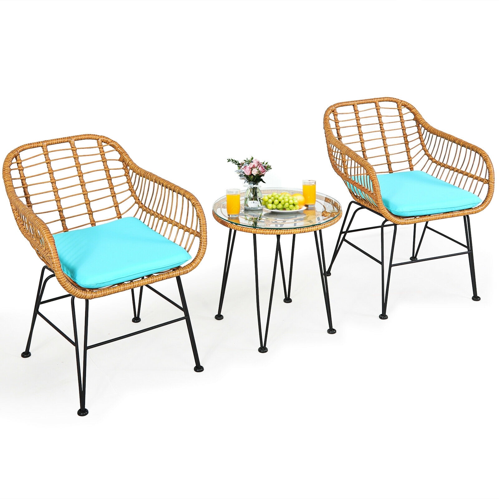 Forclover HYFAS06TU Outdoor Wicker Furniture Set 3 -Piece Rattan Patio Conversation Set with Green Cushions