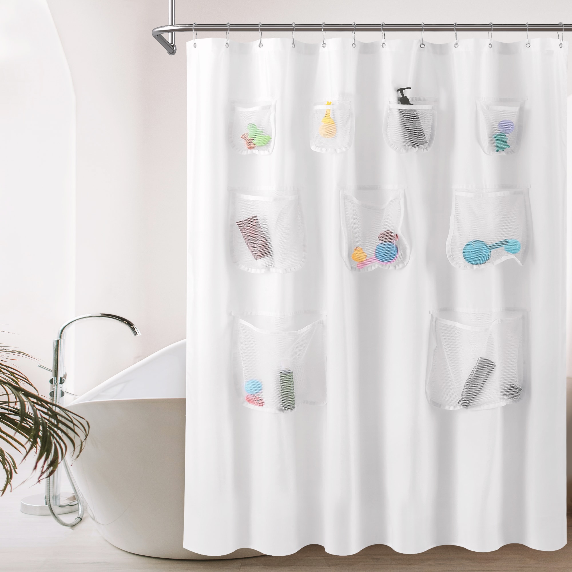 Awesome Home Mesh Pocket 71-in W x 72-in L White Polyester Water Repellent Shower Curtain