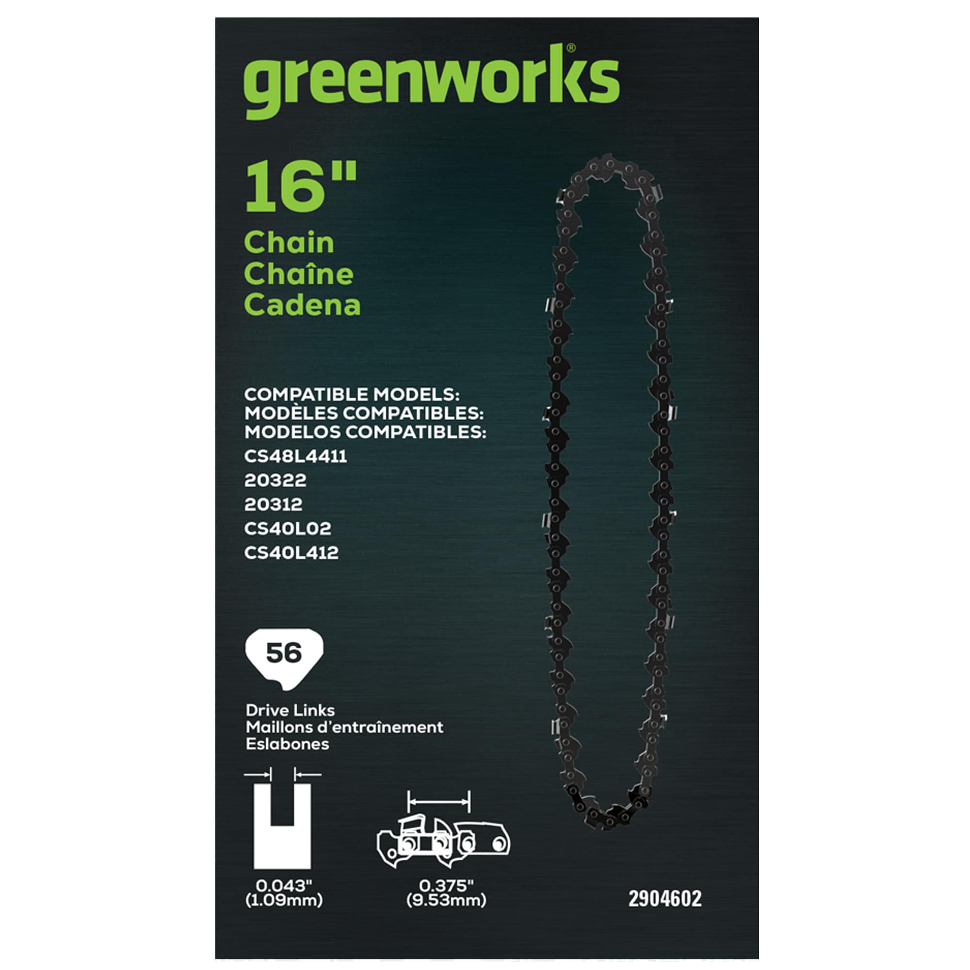 Greenworks 2904402 56 Link Replacement Chainsaw Chain For 16-in , 0.05-in Gauge , 3/8-in Pitch