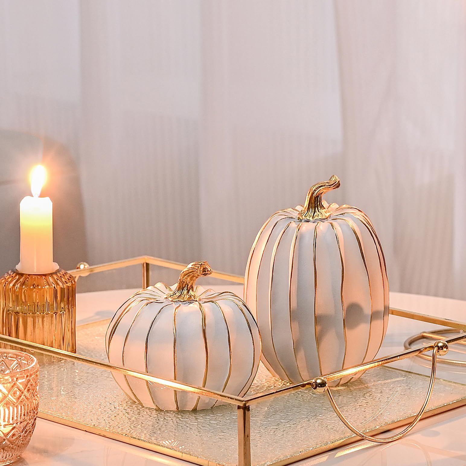 Vrbgify  Fall Pumpkin Decor Set 2 Pieces White and Gold Resin Pumpkins for Thanksgiving Harvest Table Centerpiece Home Decoration