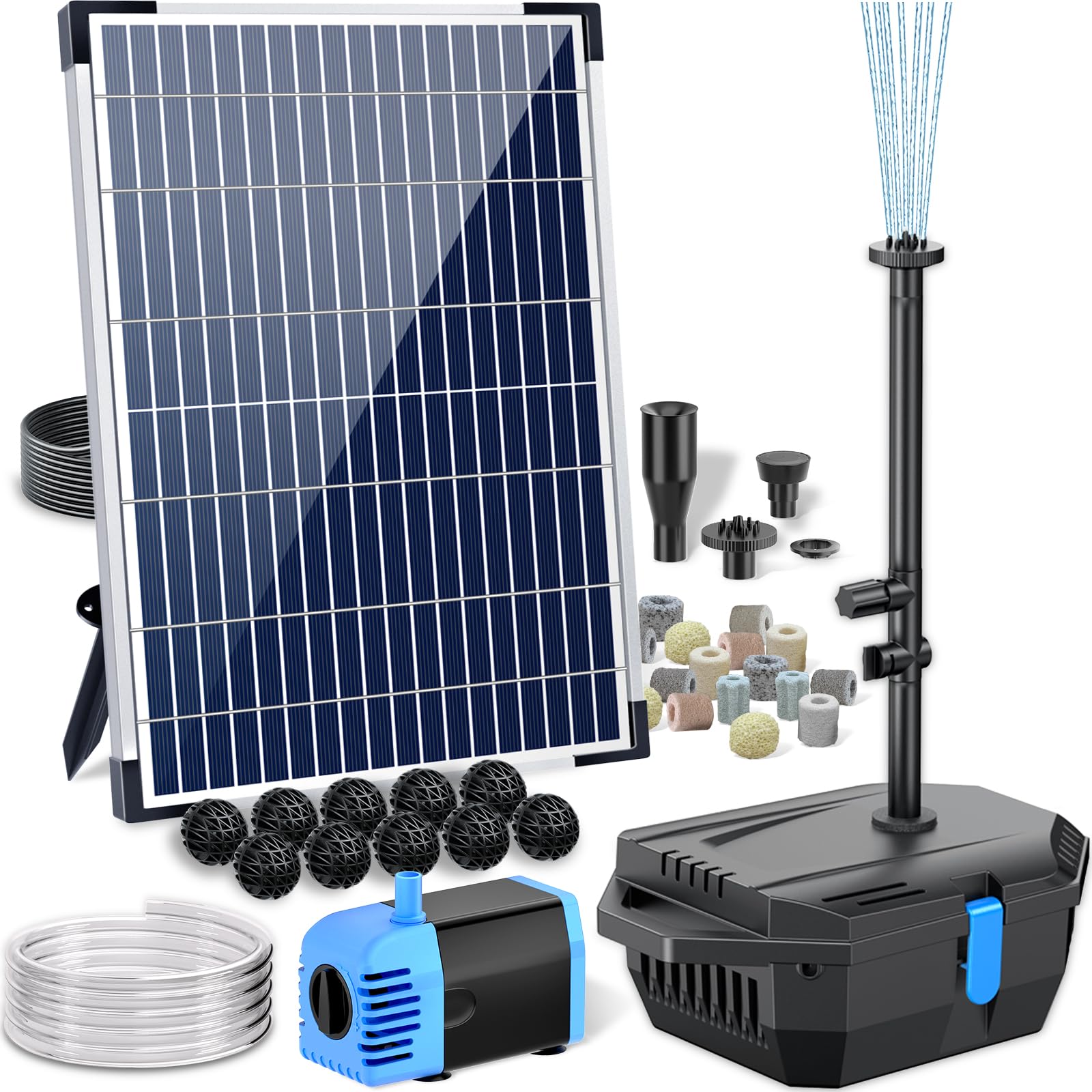 Misopily  Solar Pond Filter Kit with 12W Panel 160GPH Pump Outdoor Filter Box 6ft Tubing Fountain Nozzles for Small Koi Ponds Water Gardens