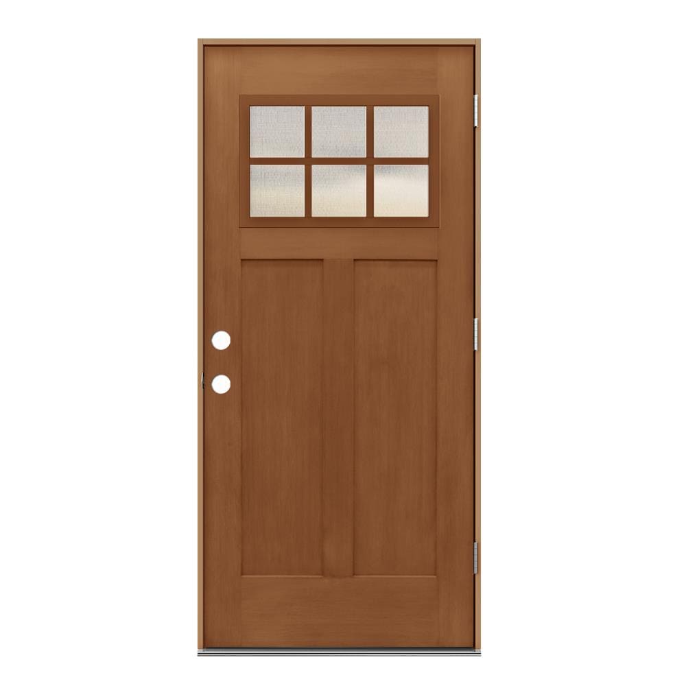 JELD-WEN LOWOLJW232200022 36-in x 80-in x 4-9/16-in Fiberglass Craftsman Left-hand outswing Hazelnut Stained Prehung Front Door Insulating core