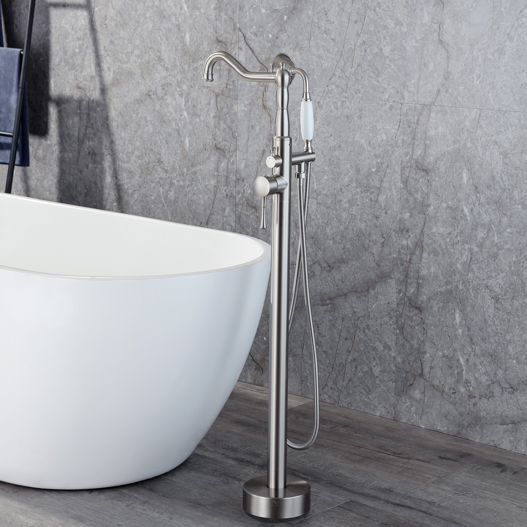 Kahomvis Brushed Nickel 1 Handle Freestanding Swivel Bathtub Faucet With Hand Shower Valve 2041