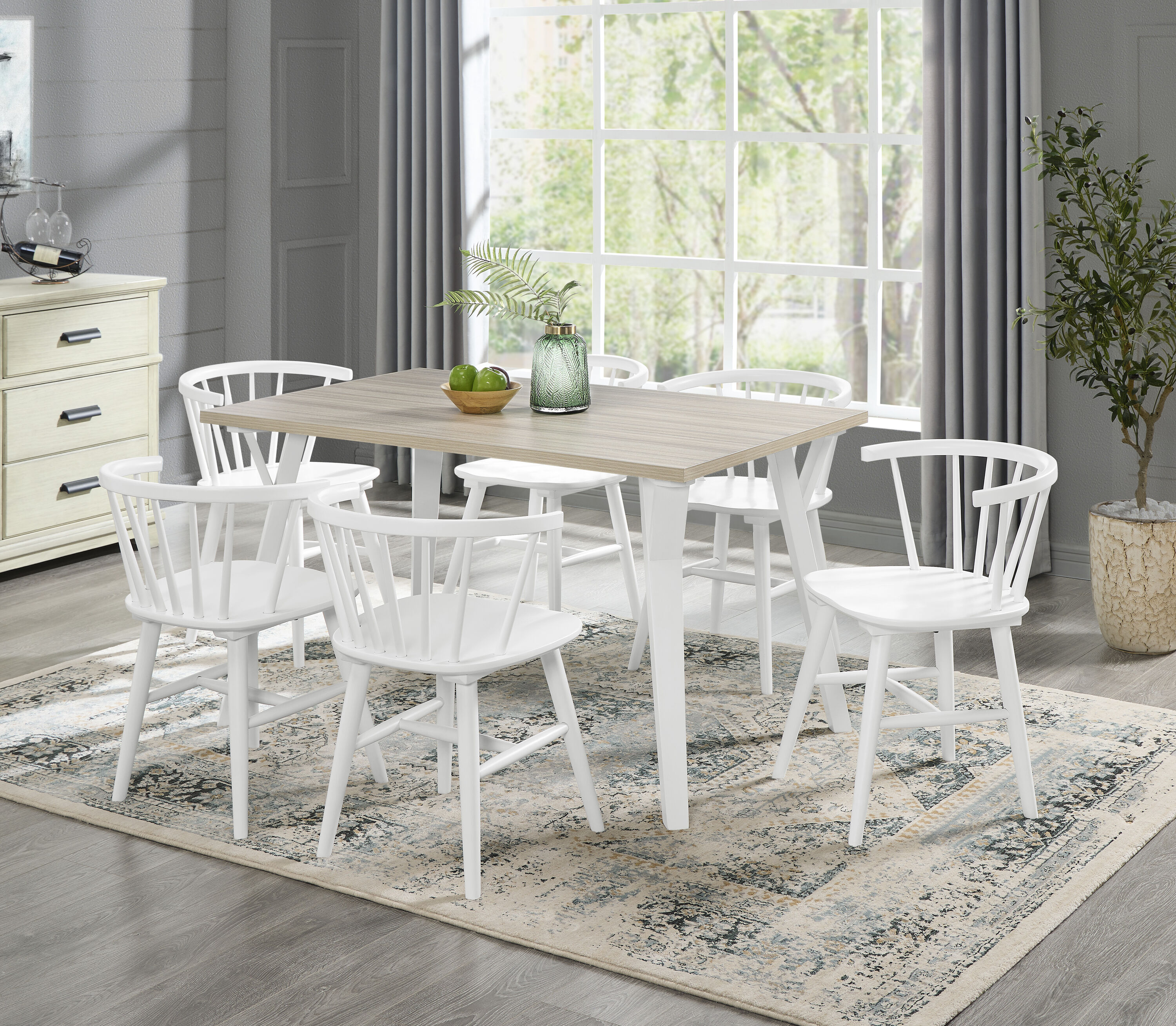 Roundhill Furniture T107-C107WHX3 Alwynn White Casual Dining Room Set with Rectangular Table ( Seats 6 )