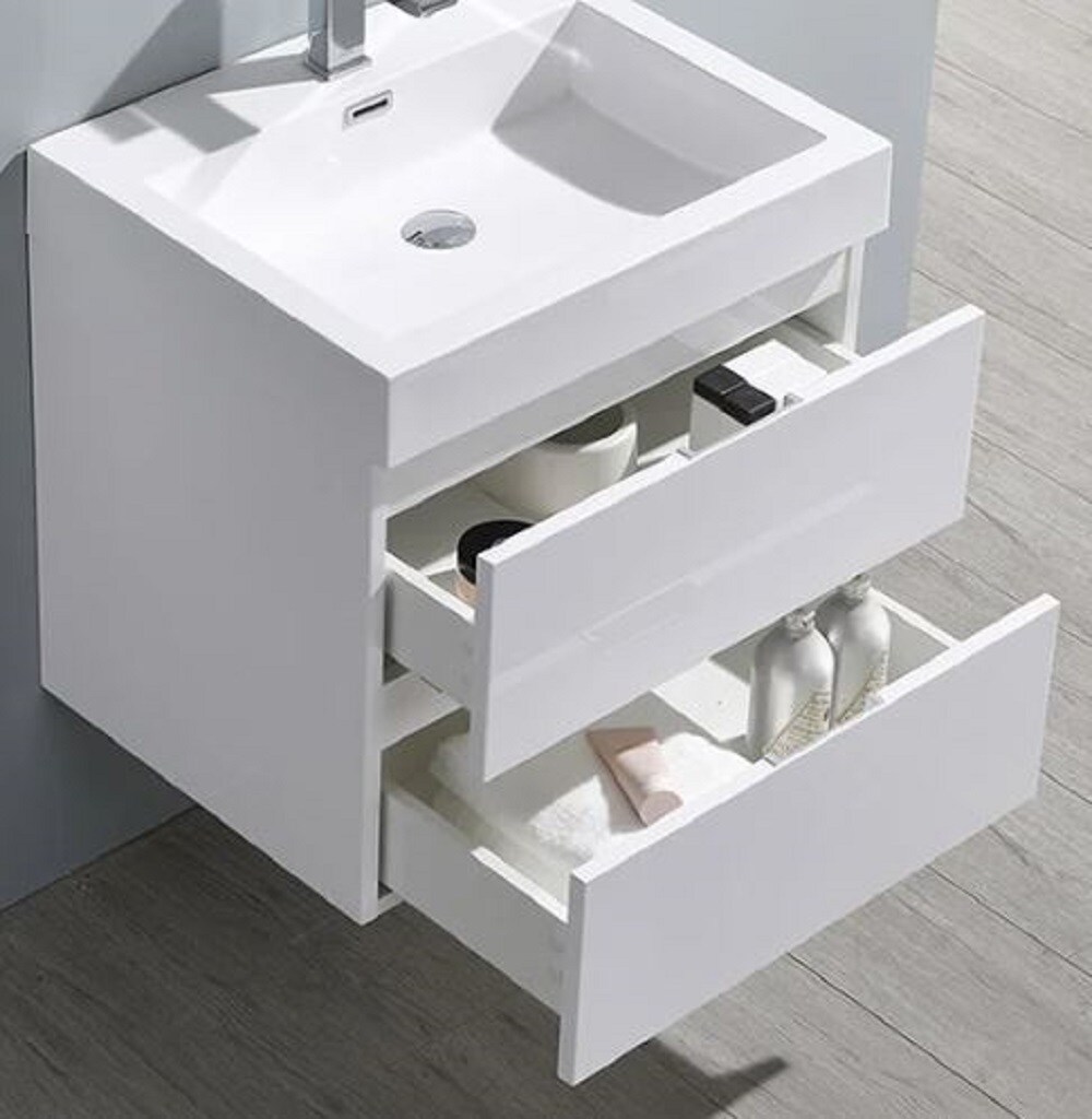 Glossy White 24" Wall-Mount Bathroom Vanity with Acrylic Sink