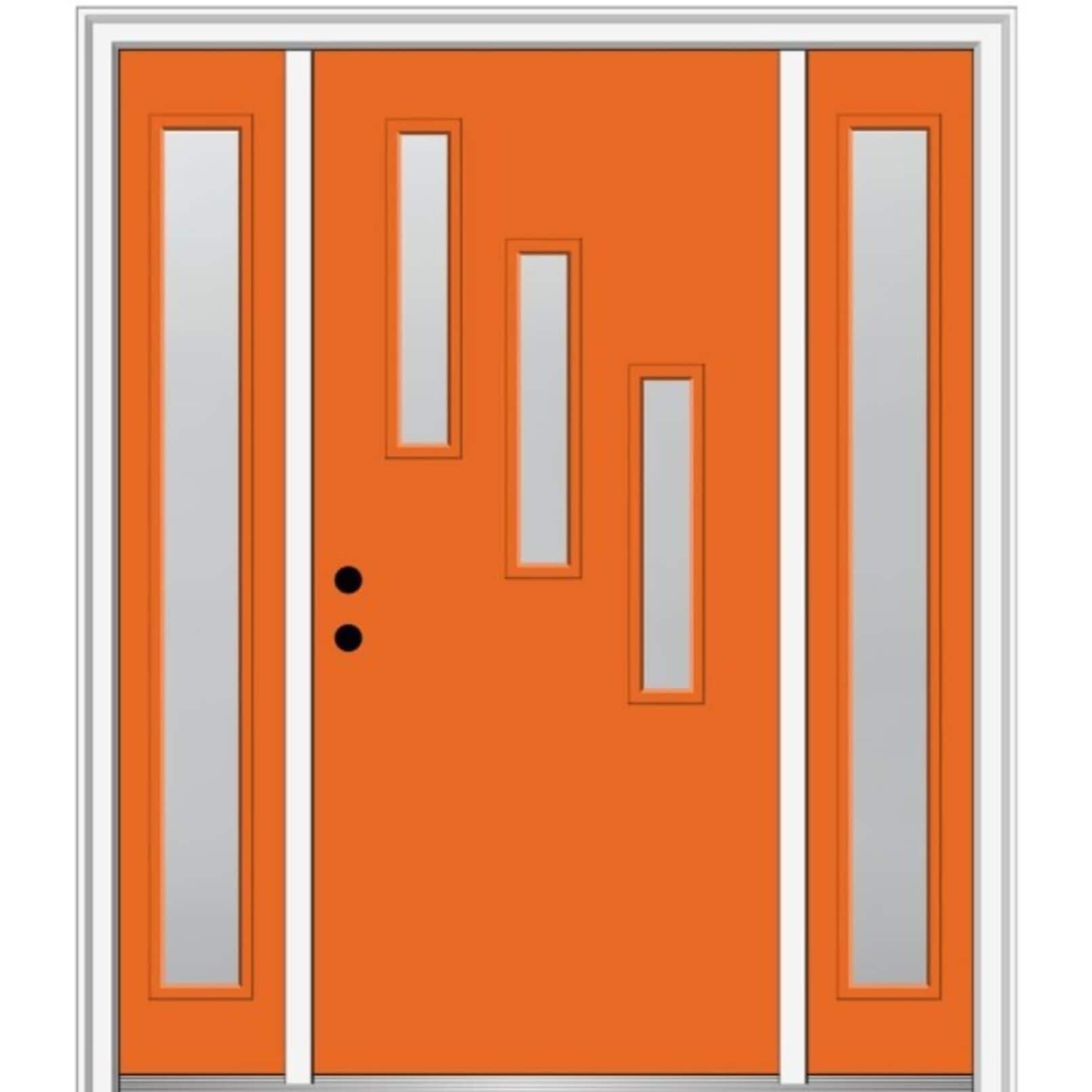 MMI DOOR ZZ348115R Spotlights 64-in x 80-in x 4-9/16-in Fiberglass Pulse lite Right-hand inswing Tangerine Painted Prehung Front Door with Sidelights with Brickmould Insulating core