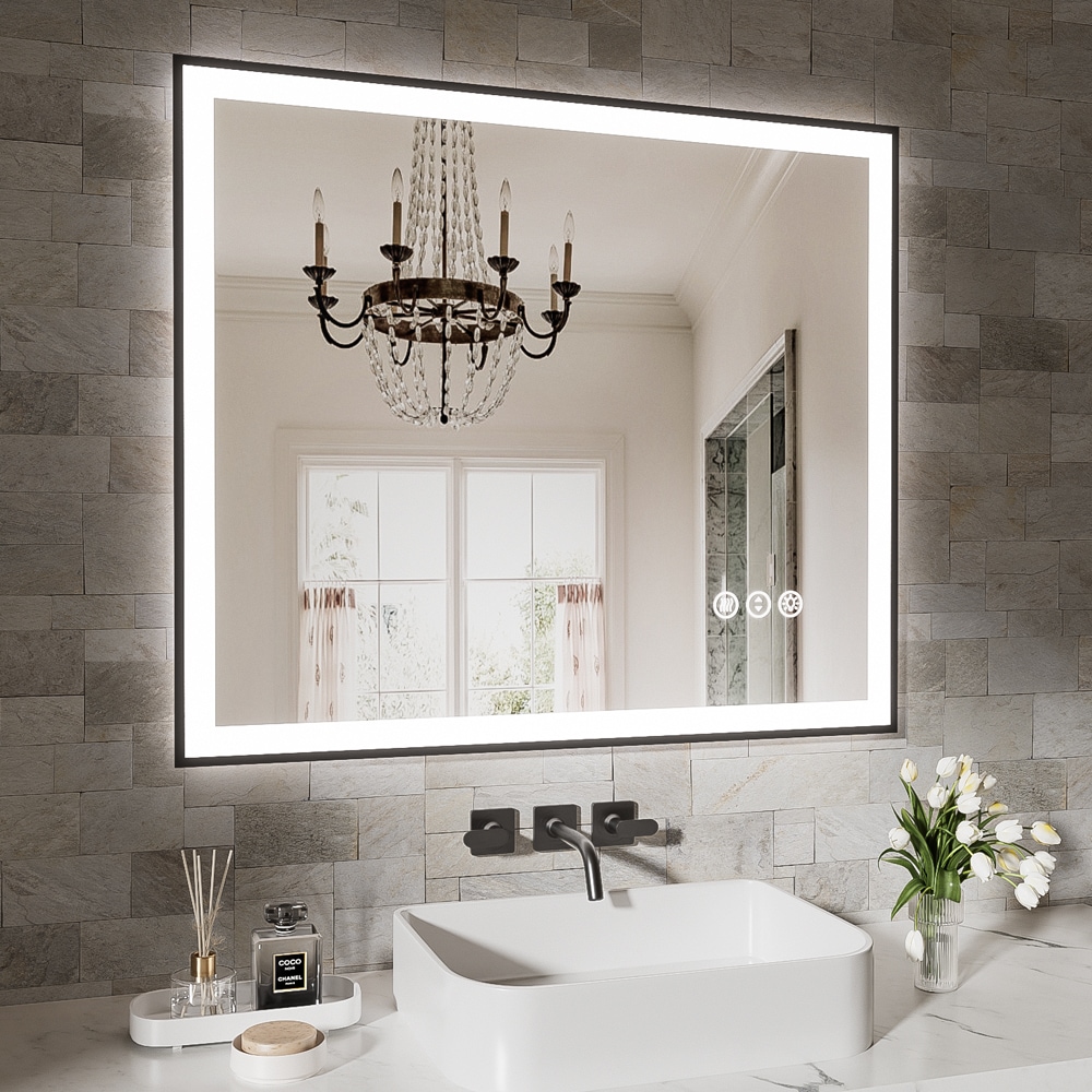WELLFOR 36-in x 30-in Framed Rectangle Dimmable Lighted Fog Free Bathroom Vanity Mirror ( Black )