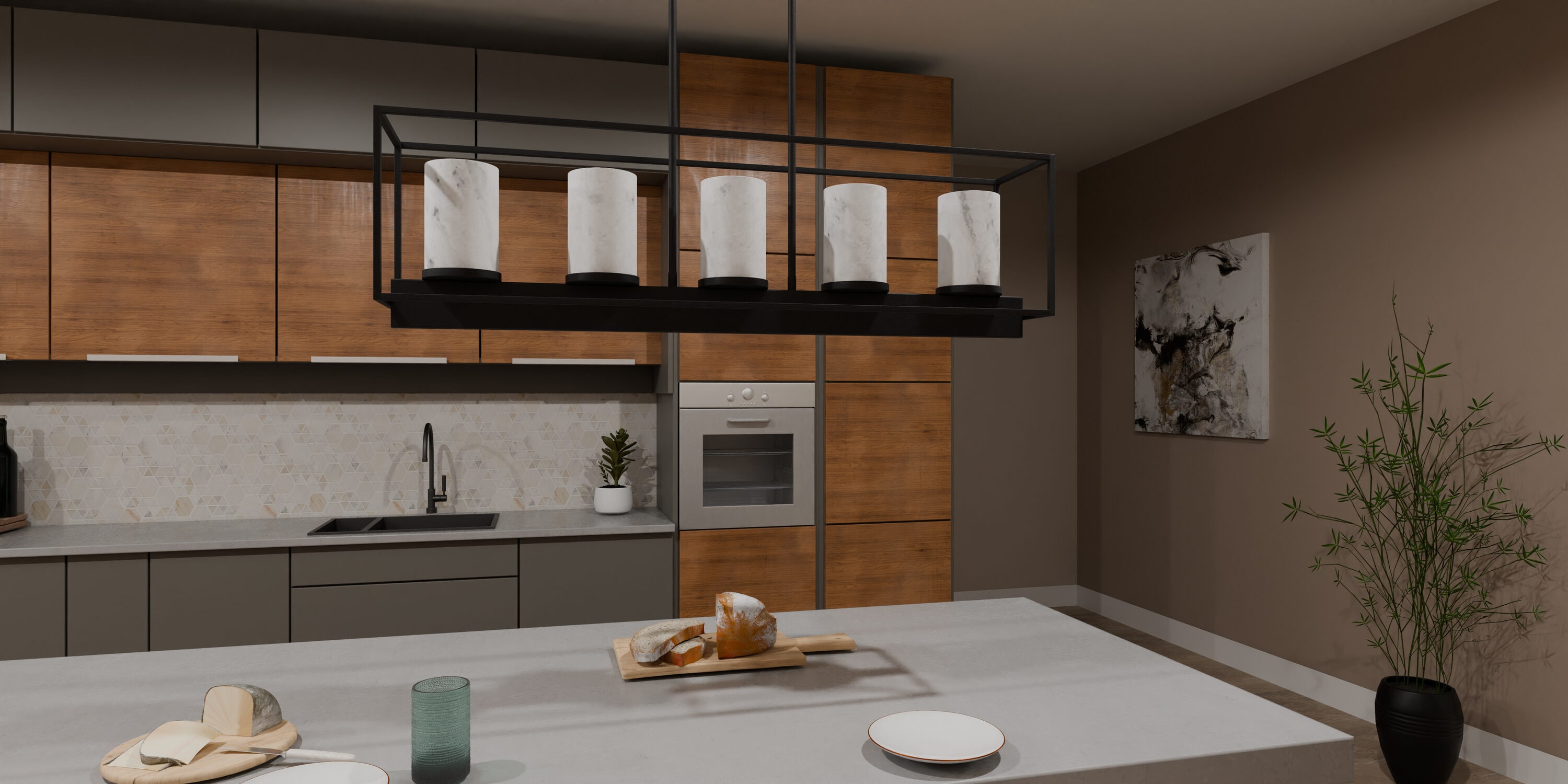 Bentley Matte Black Steel Linear Chandelier with Marble Glass Shades