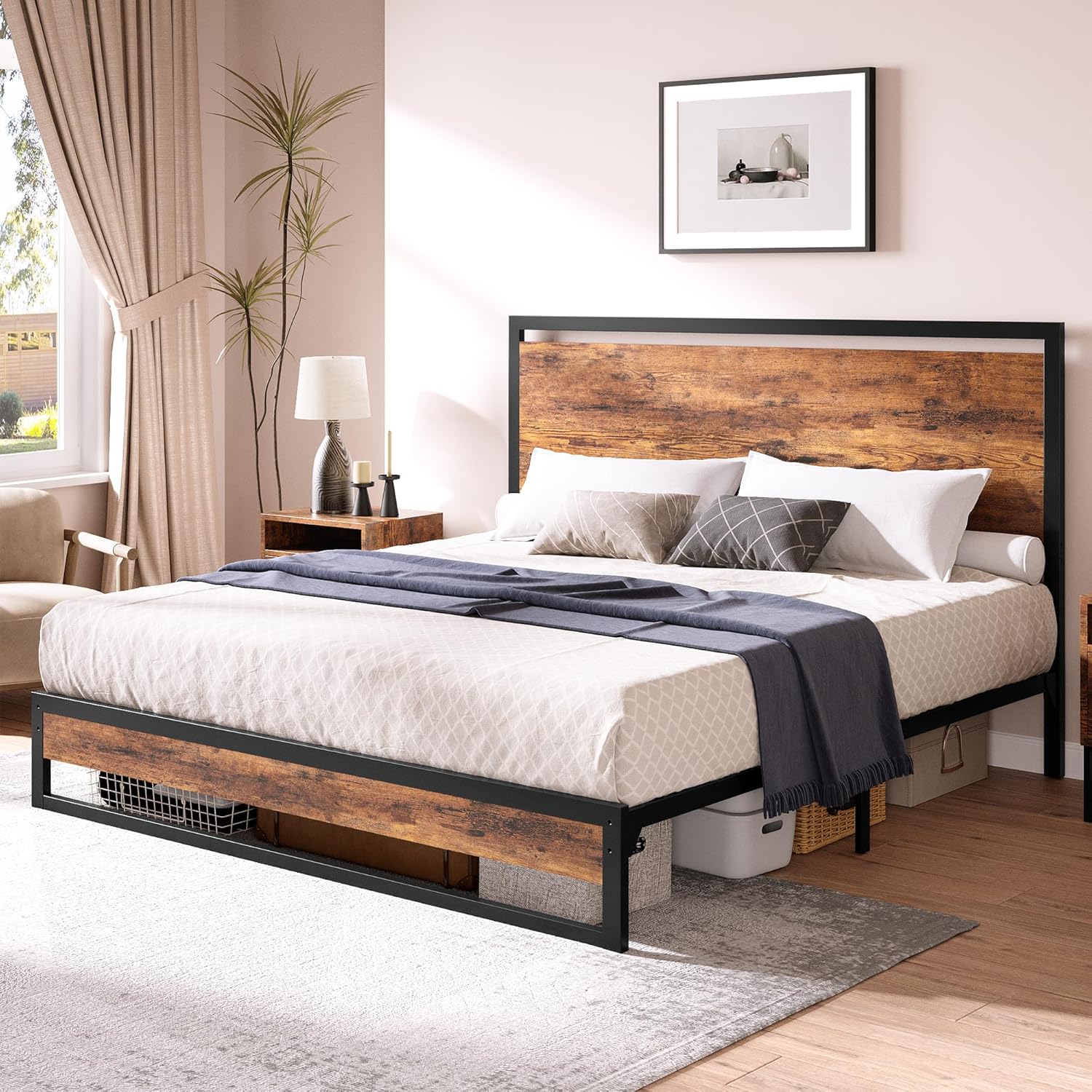 Qeetex LHF-BED-PHO-14Z10HU8 12 Inch Full Metal Platform Bed Frame with Wooden Headboard and Footboard No Box Spring Needed Easy Assembly Rustic Brown