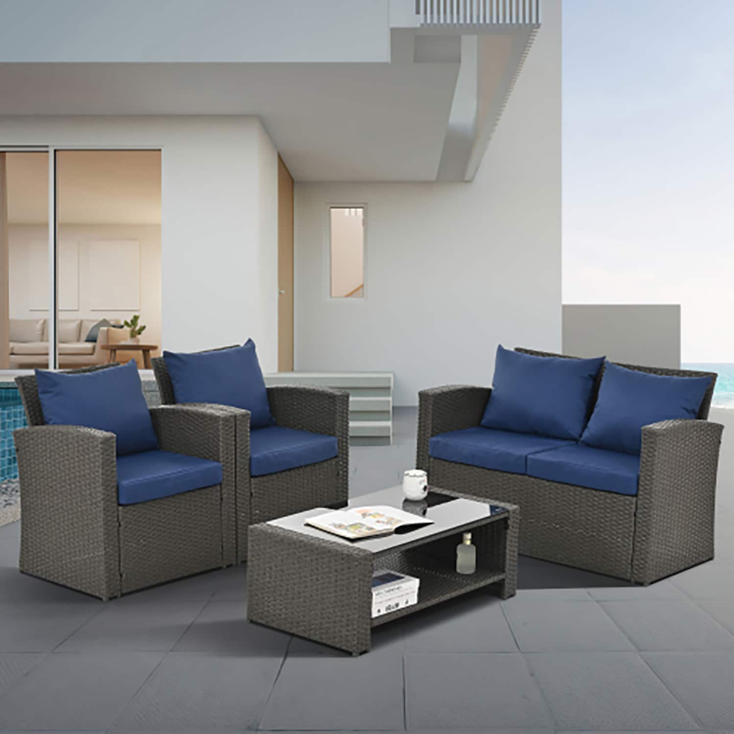 GZMR GM-DH-00007 4 -Piece Rattan 2 Patio Sofa Conversation Set with Blue Cushions