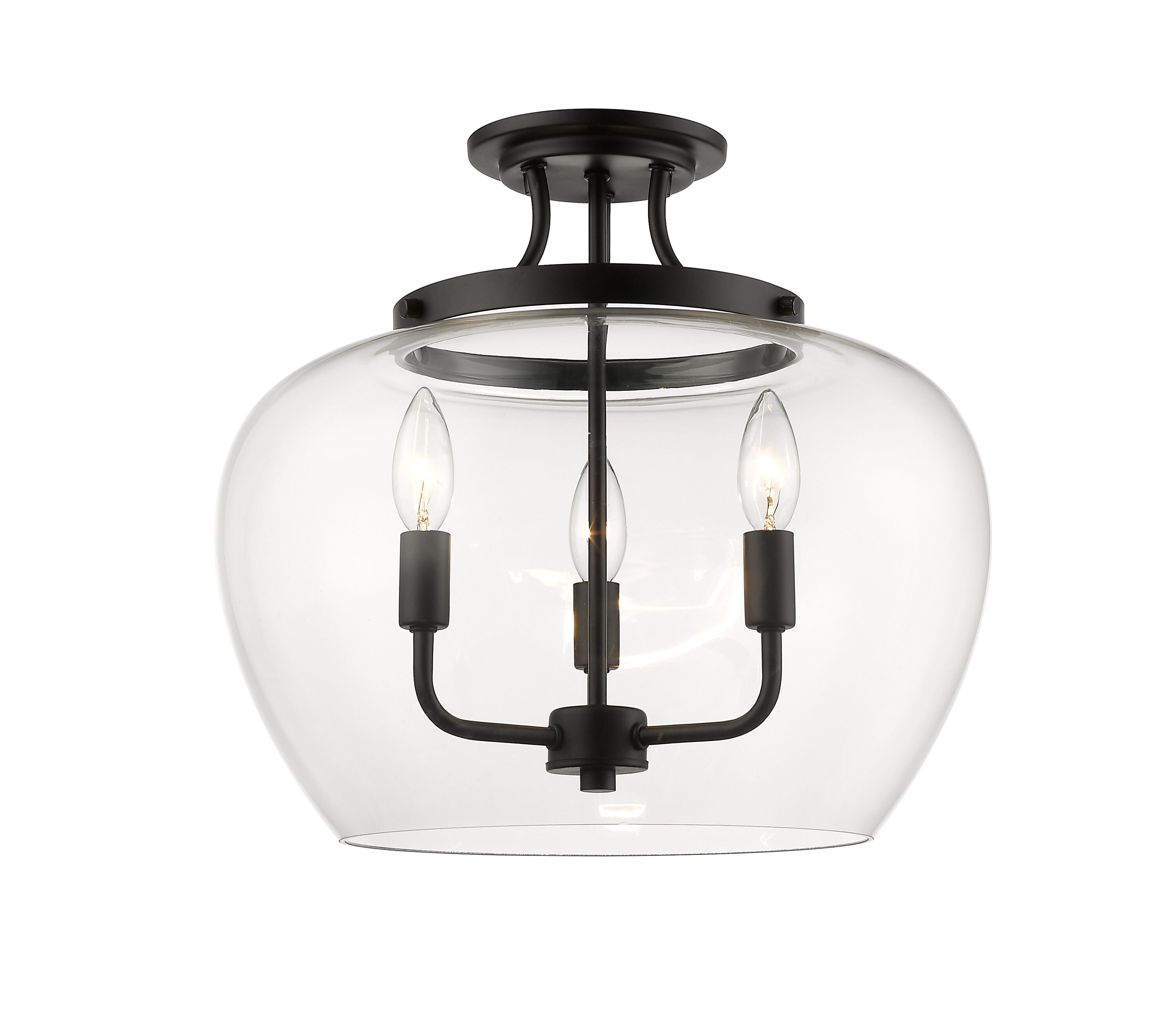 Matte Black Glass 3-Light Semi-Flush Mount Ceiling Fixture