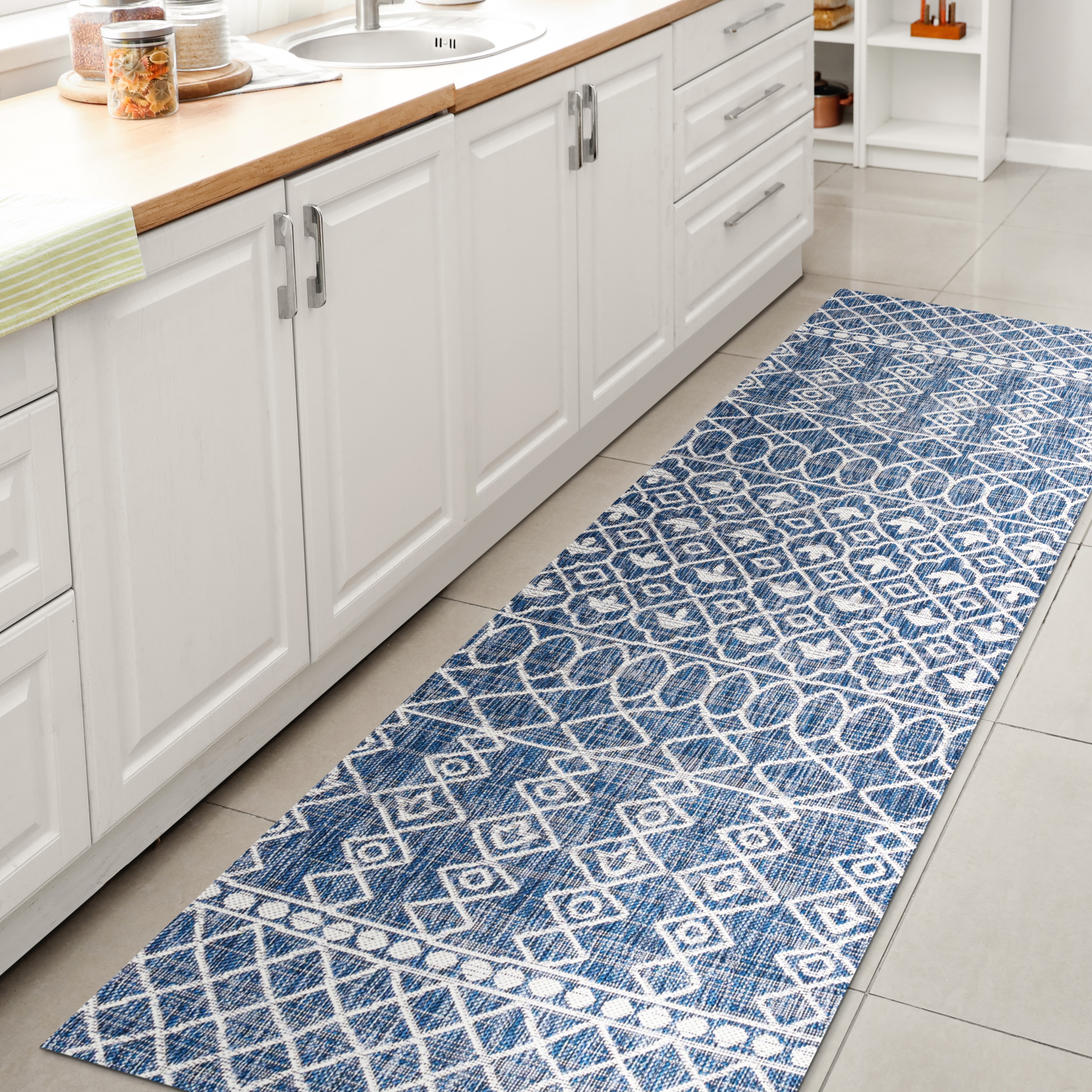 JONATHAN  Y SMB130D-210 Santa Monica Kafel Tribal 2 x 10 (ft) Loomed Polypropylene Blue/Ivory Rectangular Indoor/Outdoor Trellis Rustic Runner rug