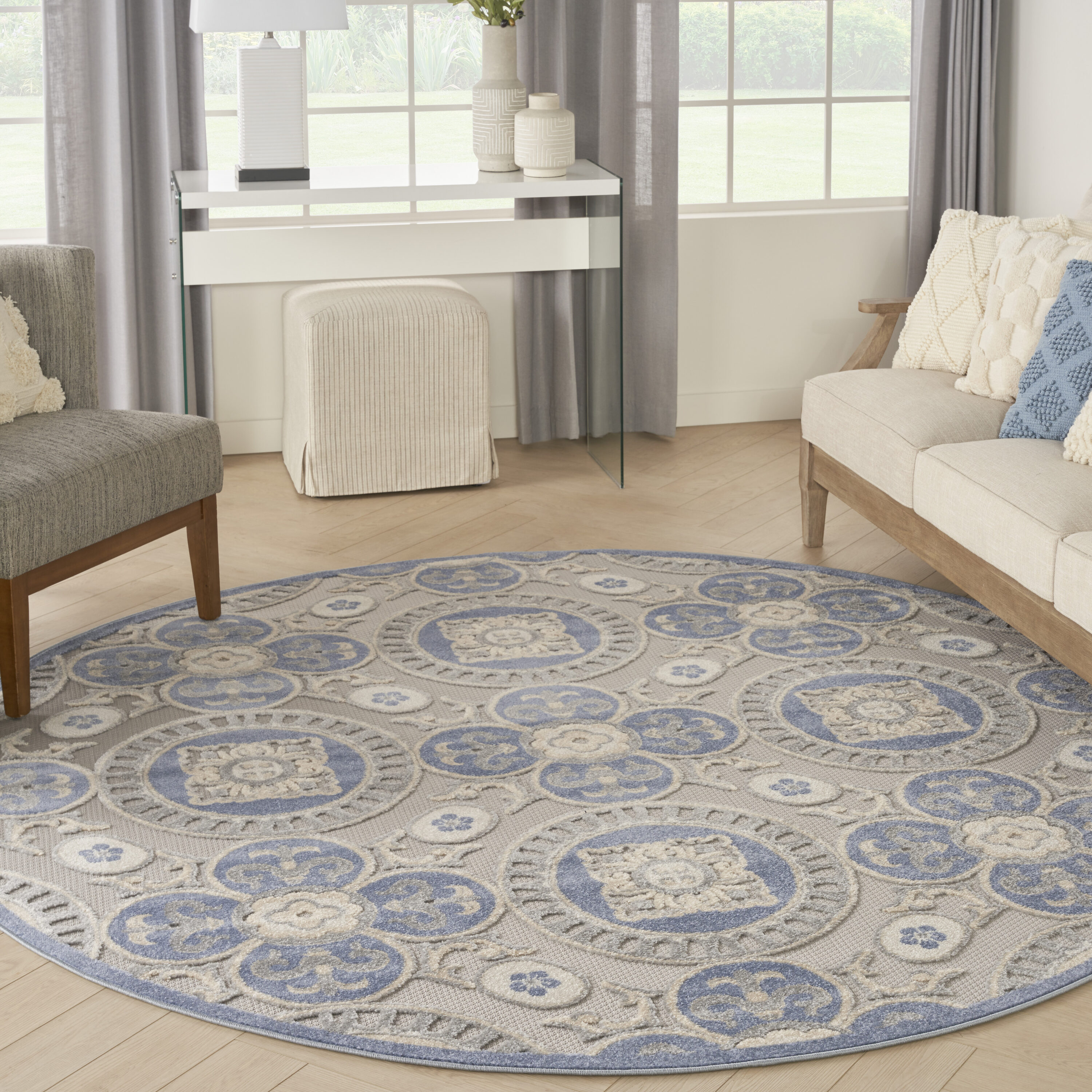 Nourison 099446168313 Aloha 8 x 8 (ft) Loomed Polypropylene Blue/Grey Round Indoor/Outdoor Medallion Tropical Area rug