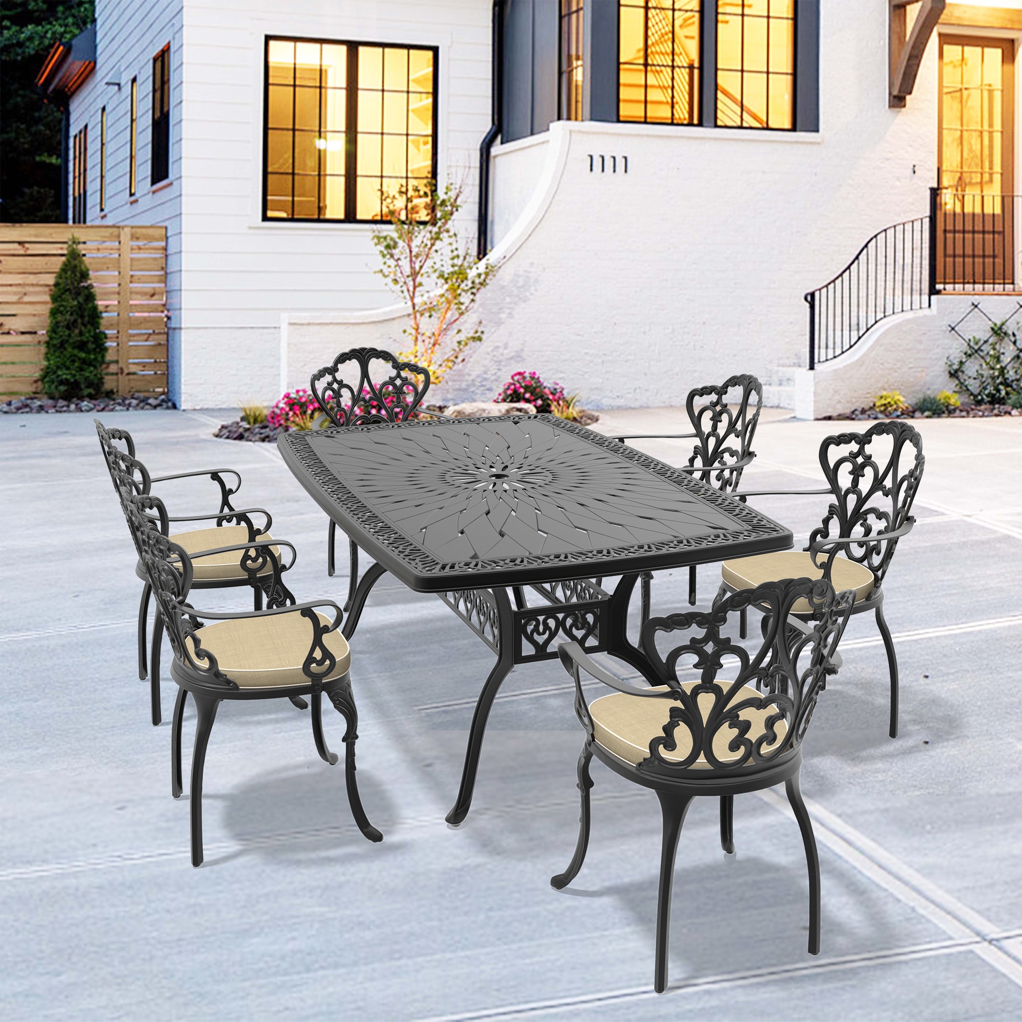 nicesure SLBK6047CZ6A1116RC 7 -Piece Black Patio Dining Set Aluminum Rectangle Table with 6 Cushions Stationary Chairs