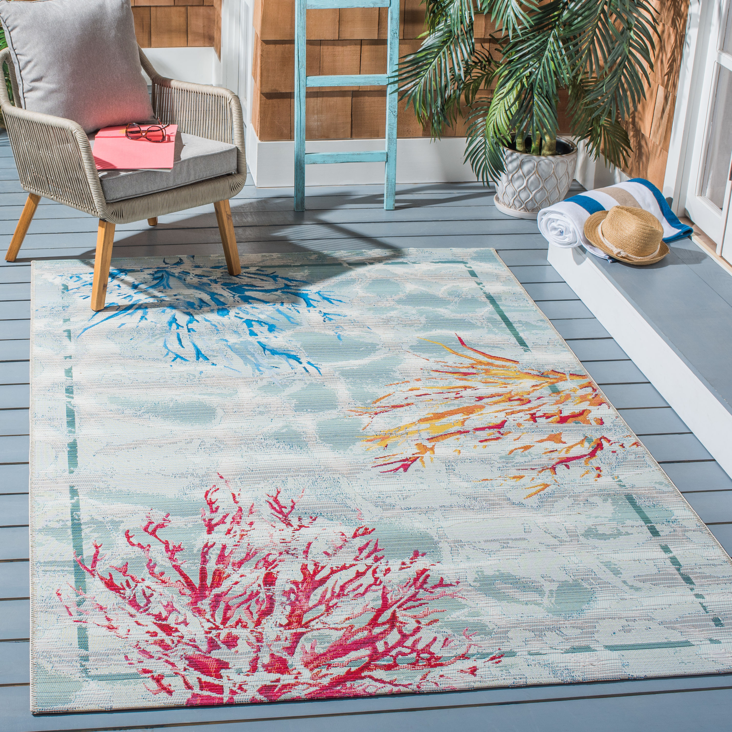 Teal & White Synthetic Rectangular Easy-Care Area Rug, 6'6" x 9'4"