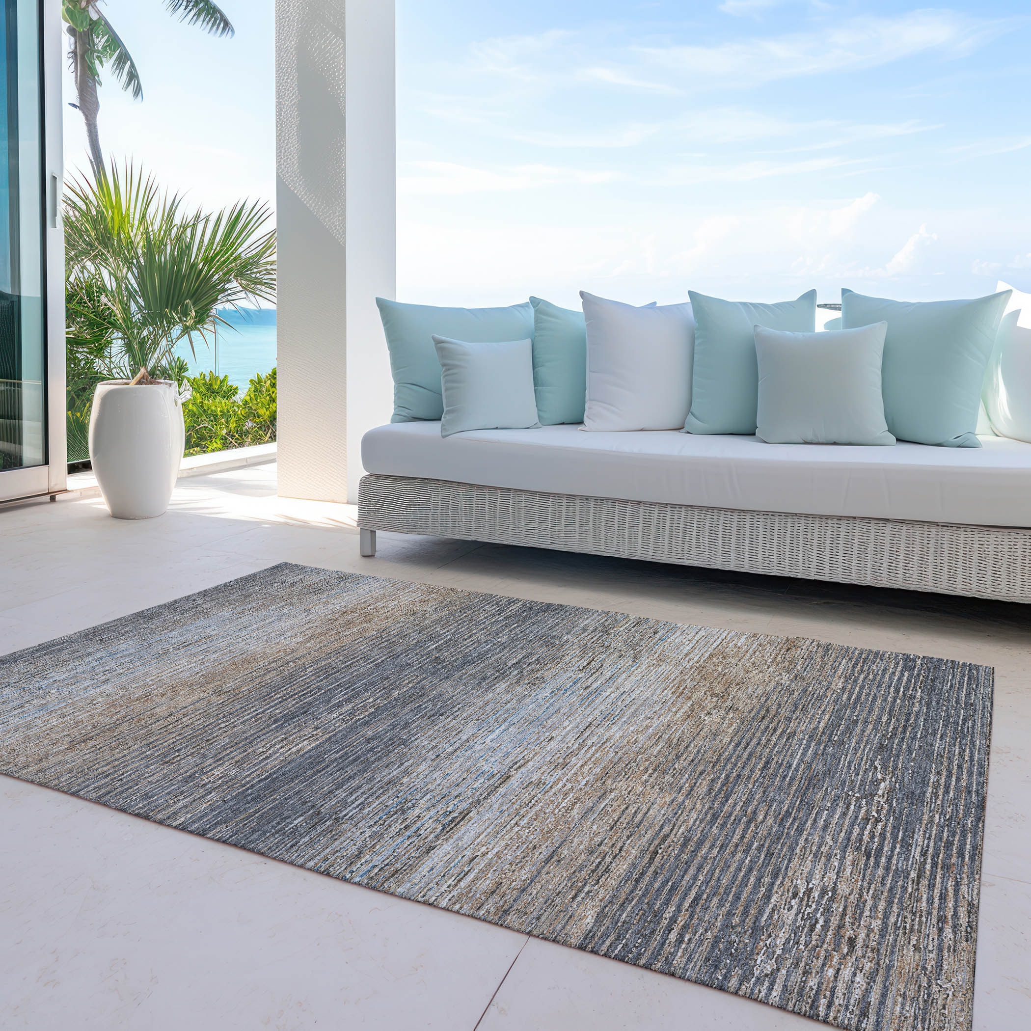 Pewter and Beige Stripe Washable Synthetic Rug 3' x 5'