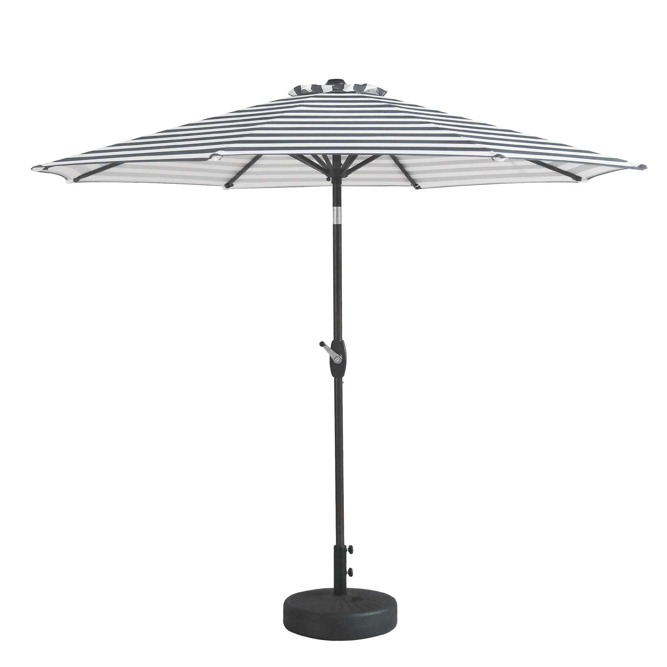 Gray and White Striped 9-Foot Patio Umbrella with Steel Frame and Base