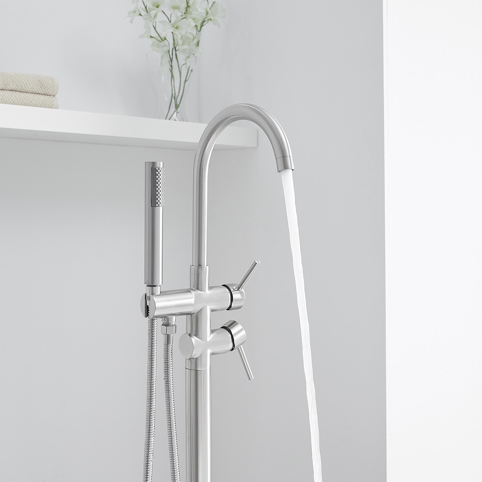 Brushed Nickel Freestanding Tub Filler with Hand Shower