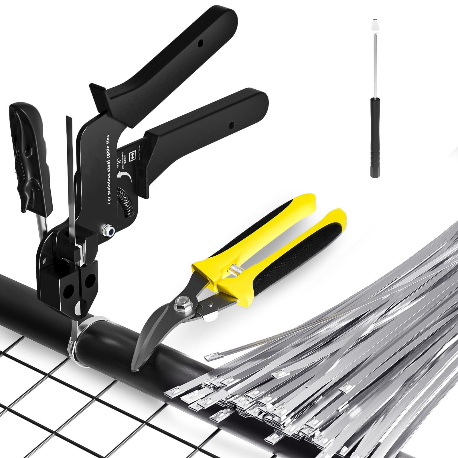 Afoxsos 110 Pack 11.8 Inch Stainless Steel Metal Zip Ties Kit Includes Cable Tie Gun Cutter Remover for Chain Link Fence Outdoor Heavy Duty #LAF0312T12