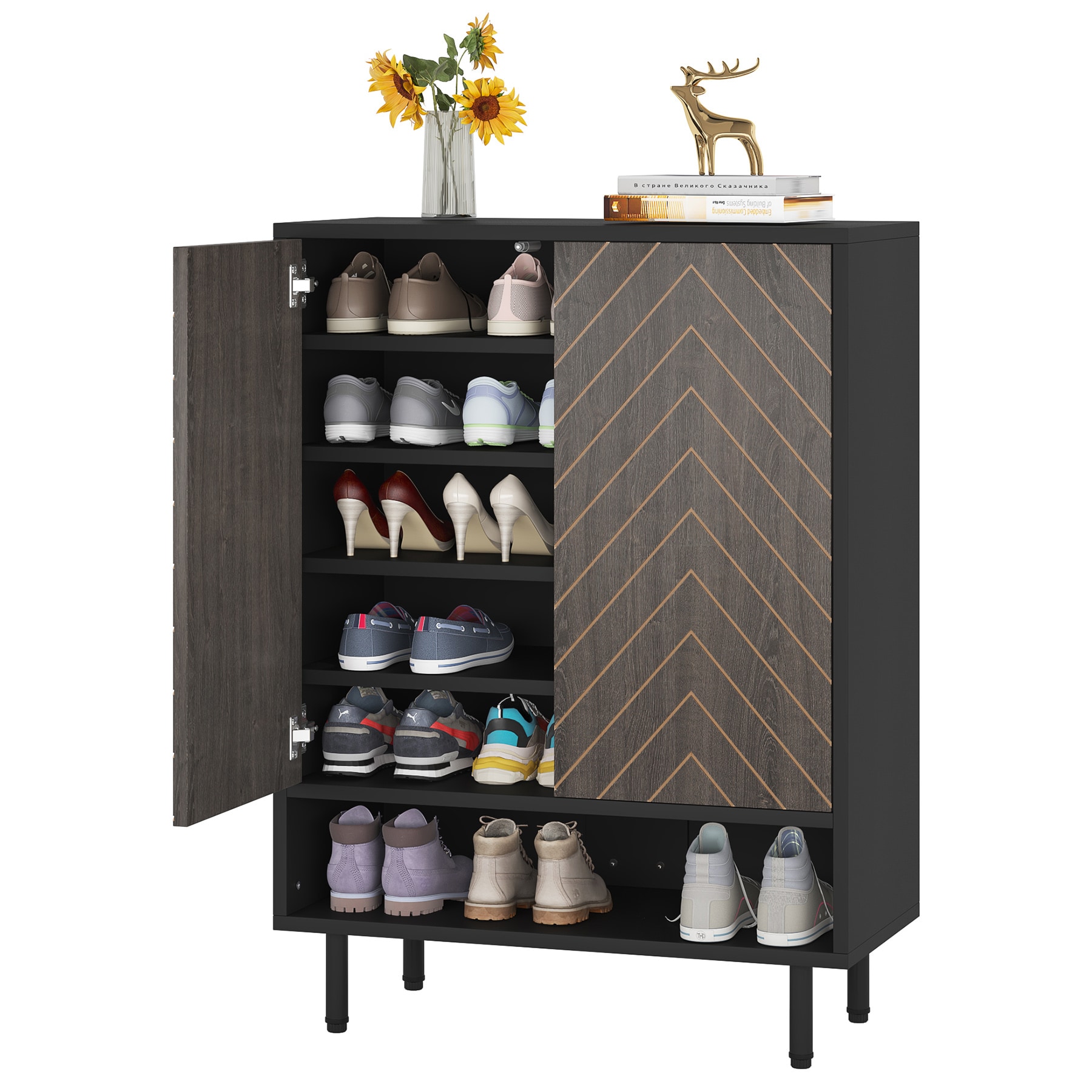 Wooden Shoe Cabinet, Shoe Organizer with Doors & Adjustable