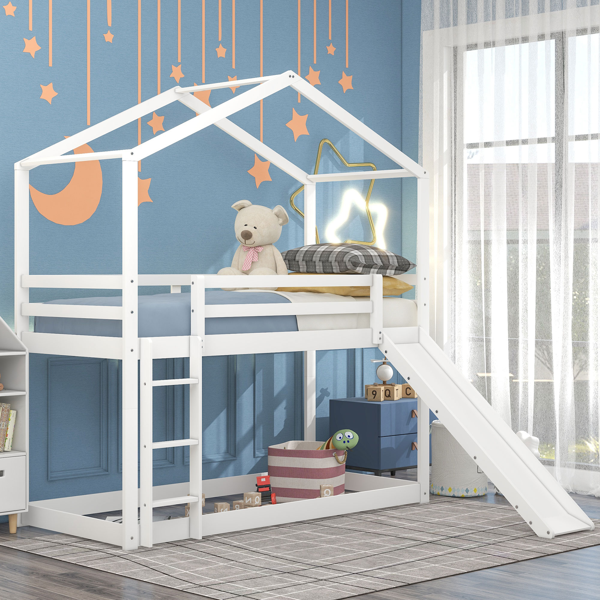 ModernLuxe LT000548AAK Twin Over Twin Bunk Bed with Roof Slide and Ladder White