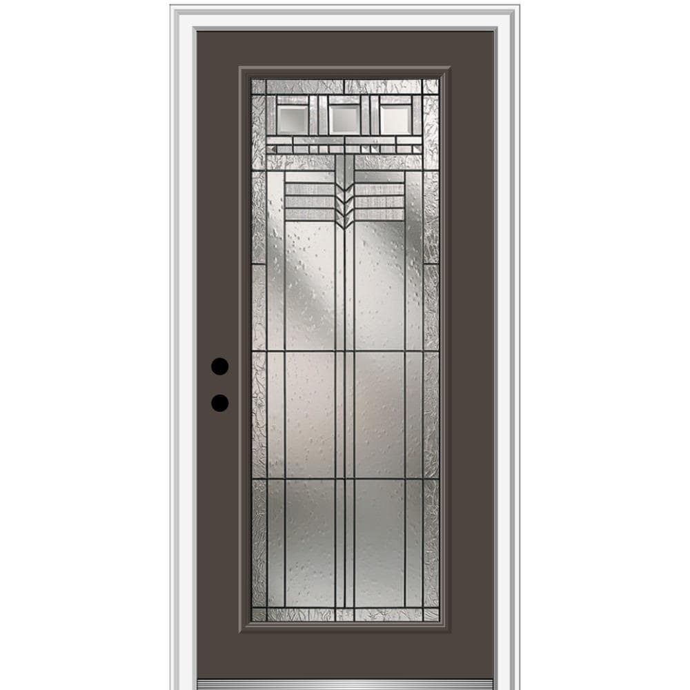 MMI DOOR ZZ3664136R 32-in x 80-in x 4-9/16-in Fiberglass Full lite Right-hand inswing Brown Painted Prehung Front Door with Brickmould Insulating core