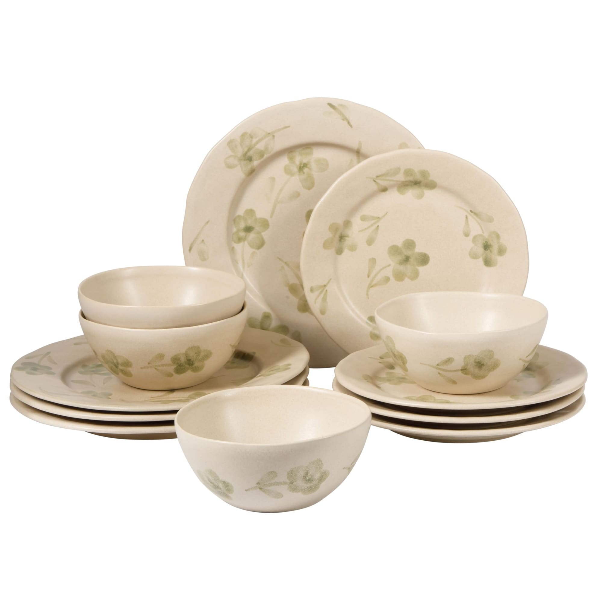 Aoibox  12 Piece Floral Stoneware Dinnerware Set in Green with Hand Painted Petals Service for 4 Set