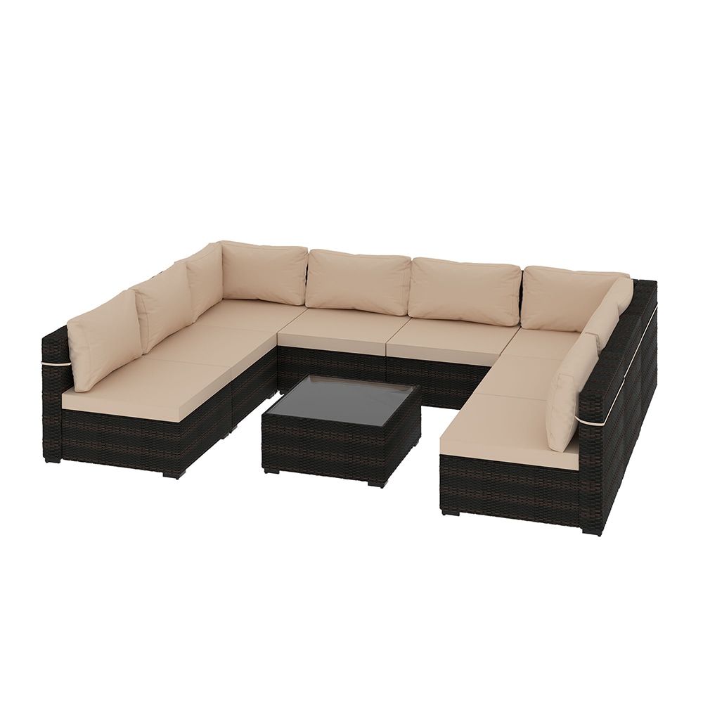 UPHA TBSF-AB2C-BEIGE 9 -Piece Rattan Patio Sofa Conversation Set with Beige Cushions