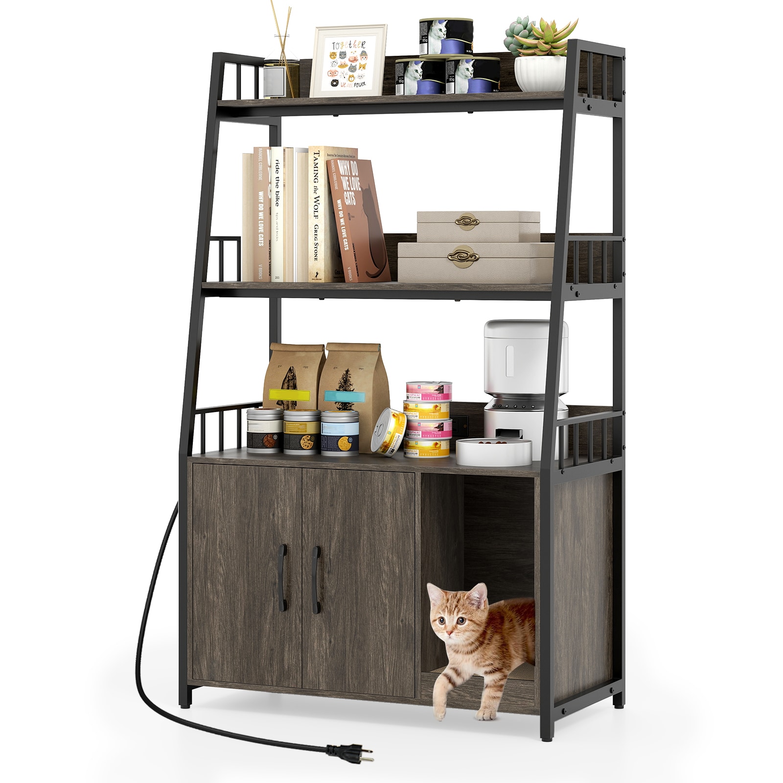 Slickblue Cat Litter Box Enclosure Cabinet Furniture with Charging Station 2 Shelves Hidden Cat House with Scratching Pad Double Door Storage Cat Washroom MDF Metal in Multiple Color Options