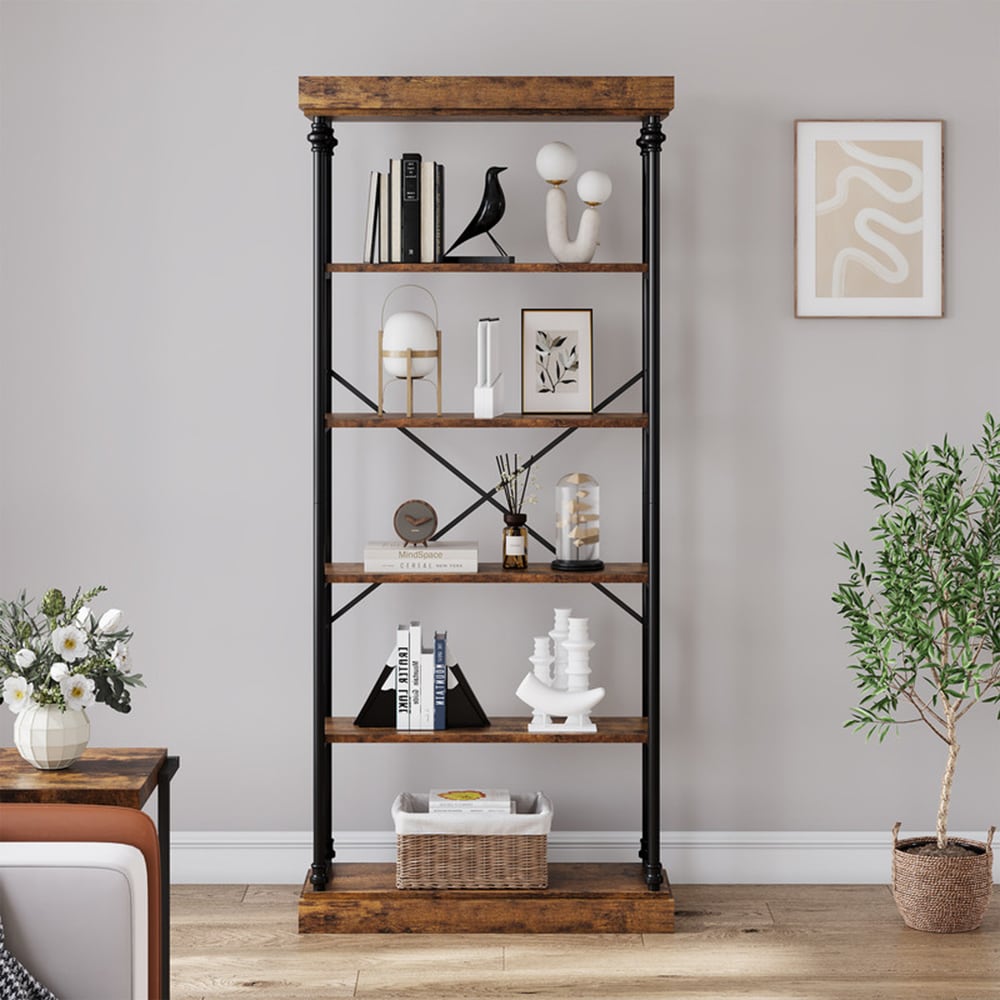 Garvee PHO-0YILHHRO Retro Brown Metal 4 -Shelf Bookcase ( 31.5-in W x 73.6-in H x 11.8-in D ) Finished