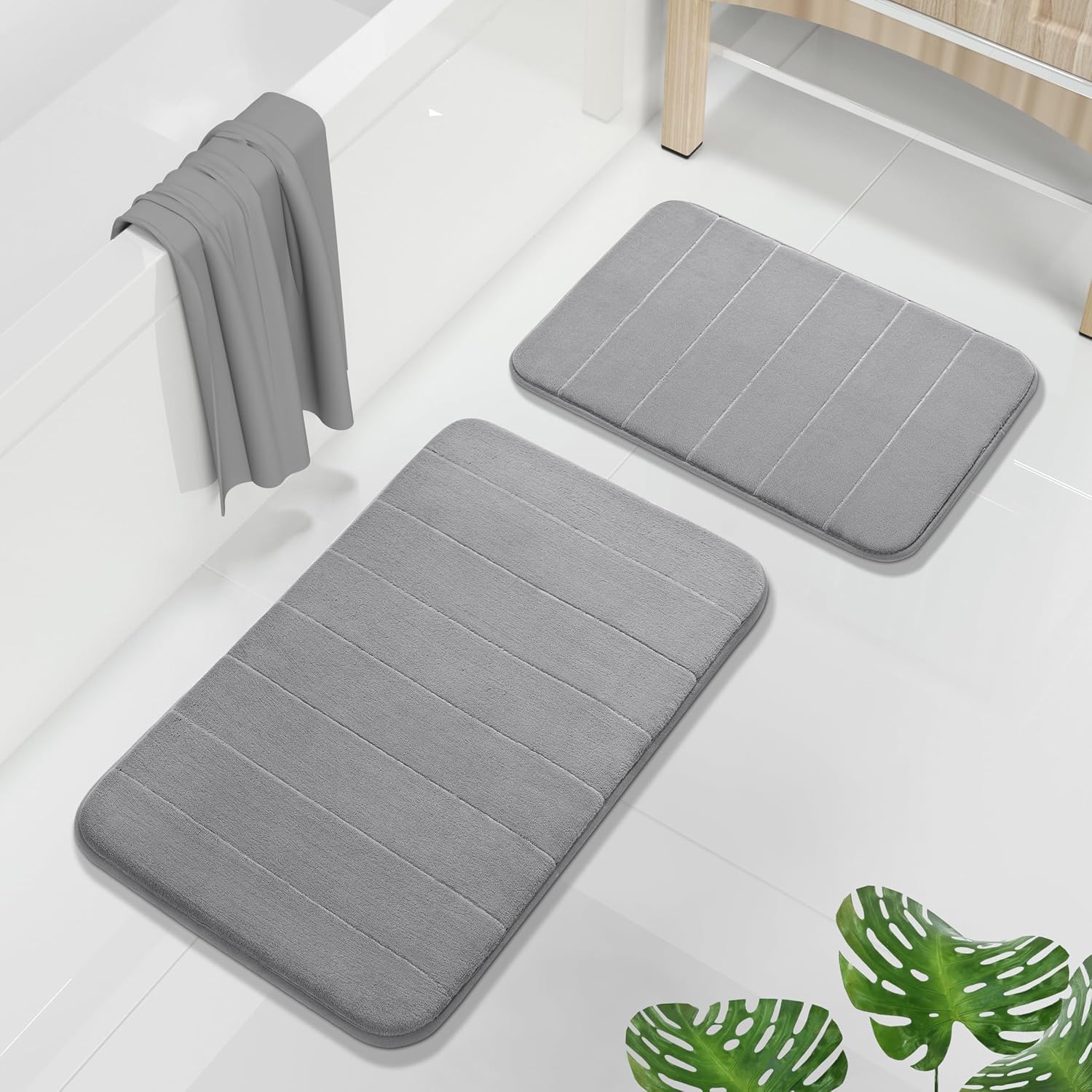 Yimobra Memory Foam Bathroom Rugs 2 Piece Set Super Soft Absorbent Quick Dry Machine Washable Non Slip for Tub Shower and Sink 17x24 and 31.5x20 Inch Gray