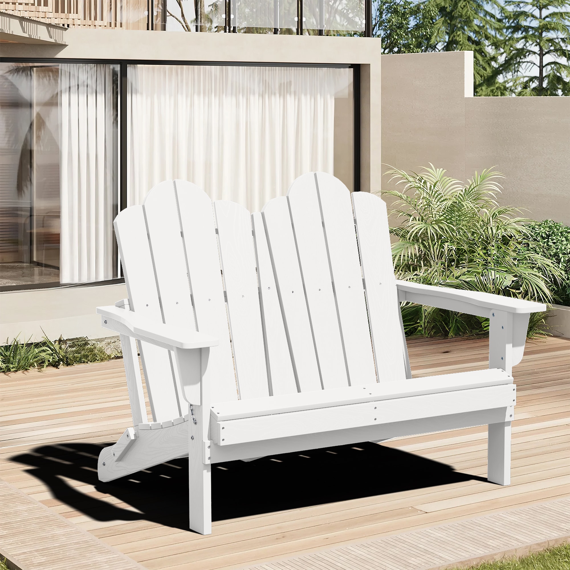JEAREY XJG3JT-LB 2-Seater HDPE Adirondack Chair White HDPE Frame Stationary Conversation Chair with Slat Seat