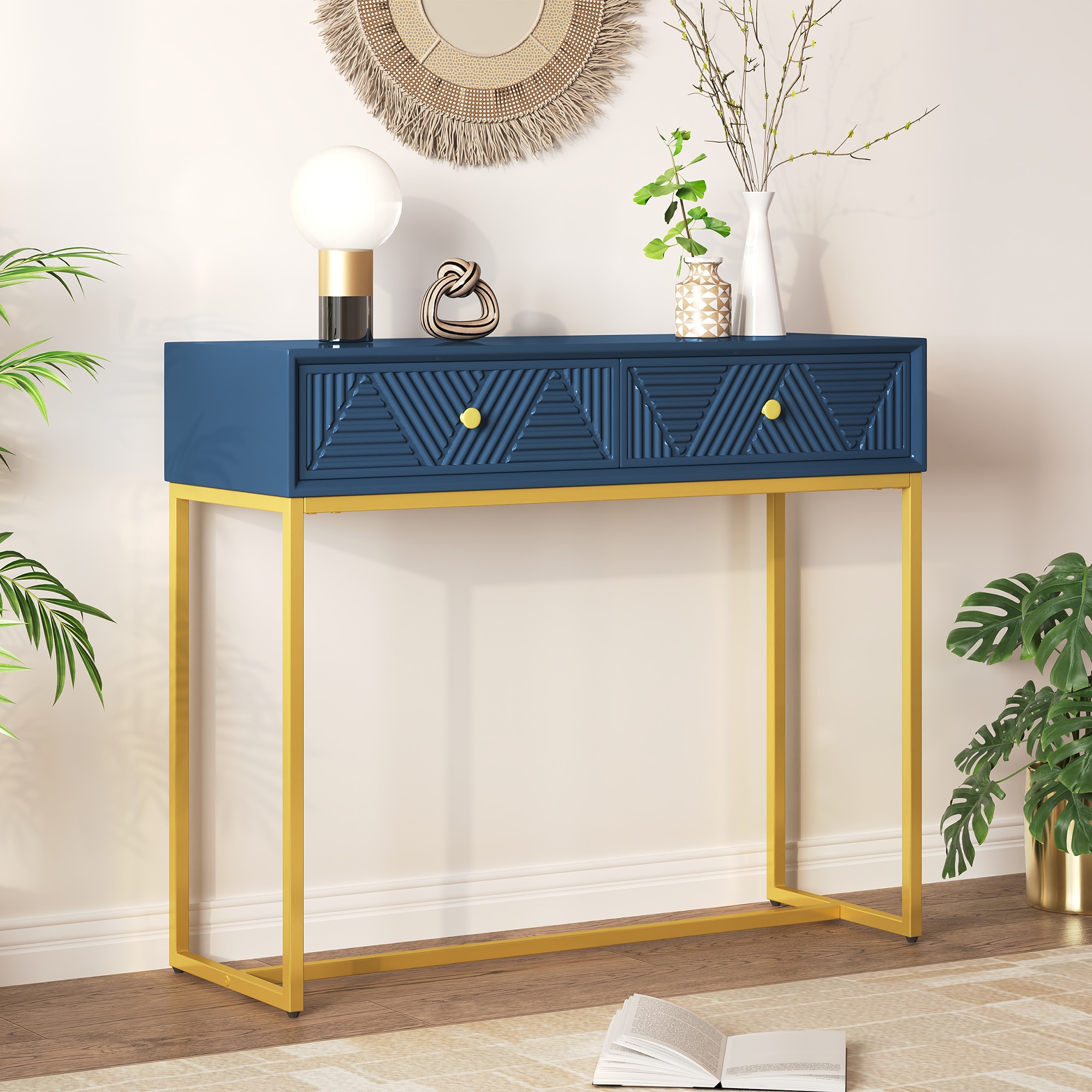 ModernLuxe N715P201976M Console Table Entryway Table Modern Sleek Console Table with Storage Narrow Console Table with Two Drawers with Stripe Design for Living Room Hallway Entryway Navy