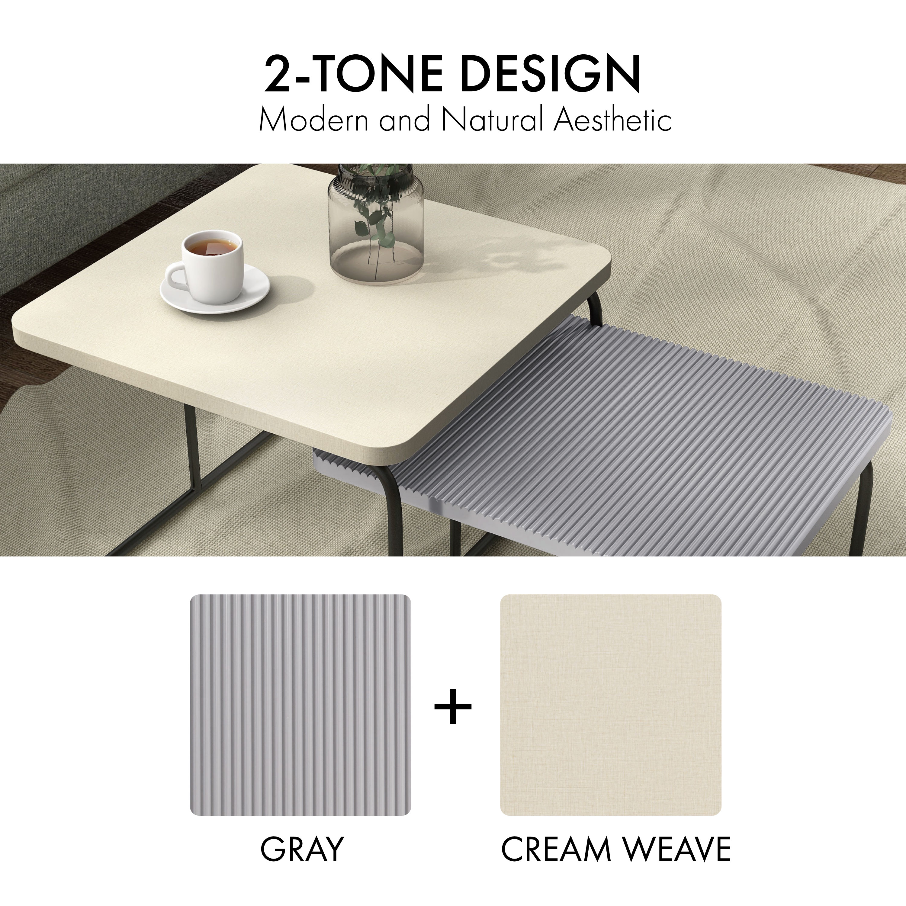 Modern Cream and Gray Textured 2-Piece Nesting Coffee Table Set
