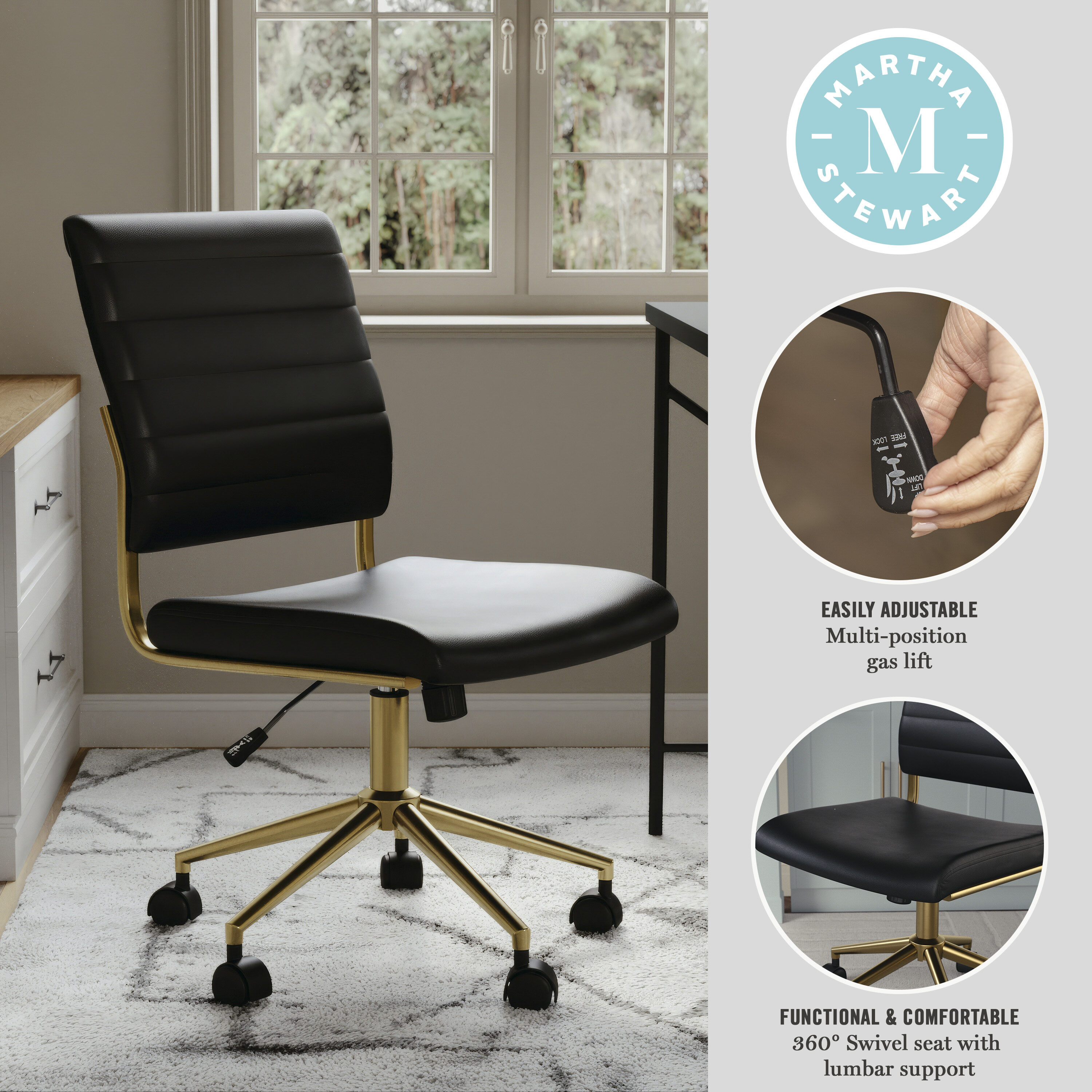 Black Faux Leather Armless Swivel Office Chair with Brass Frame