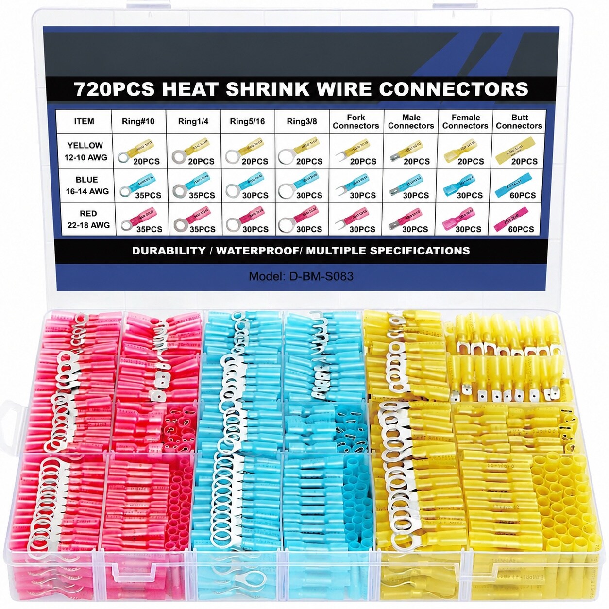 KHKFY  Marine Grade Heat Shrink Wire Connectors Kit with Tinned Red Copper Includes Ring Fork Spade Butt Splices for AWG Twenty Two to Ten