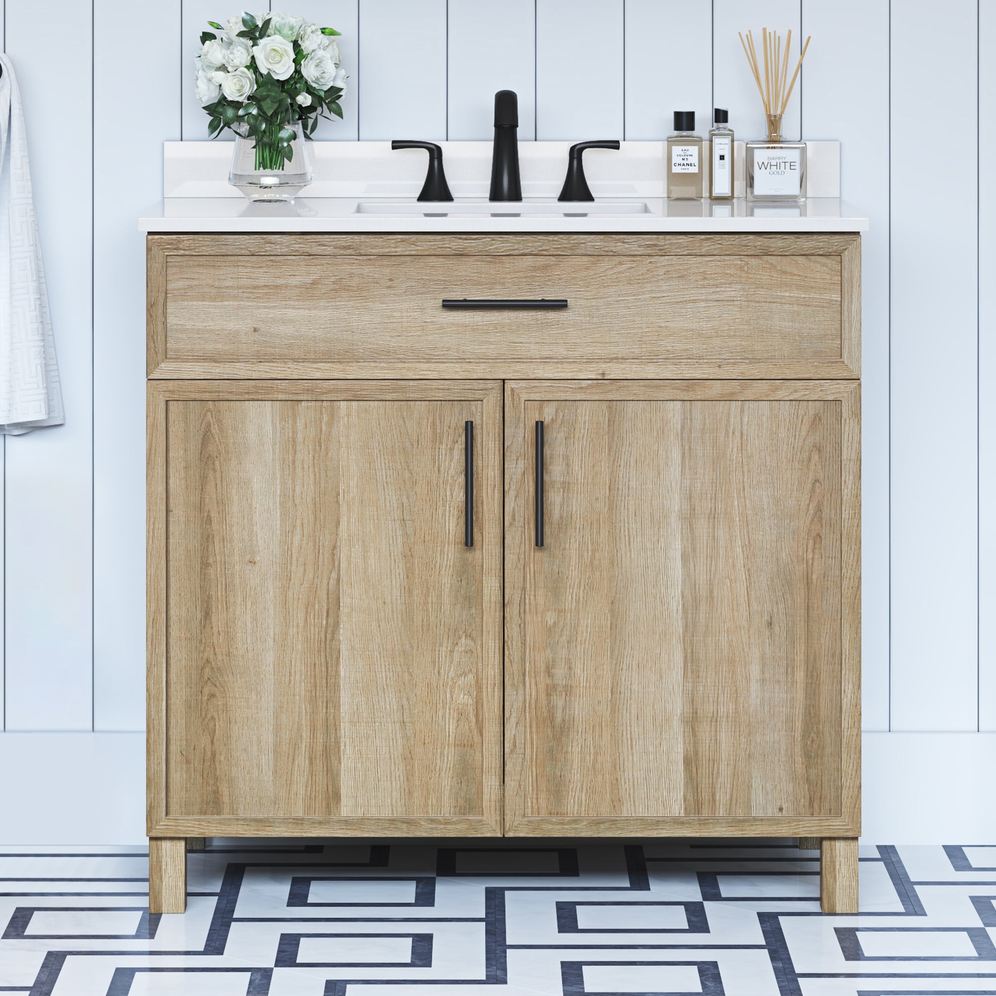 Style Selections DOLTON-36NO Dolton 36-in Light Natural Oak Undermount Single sink Bathroom Vanity with White Engineered stone Top
