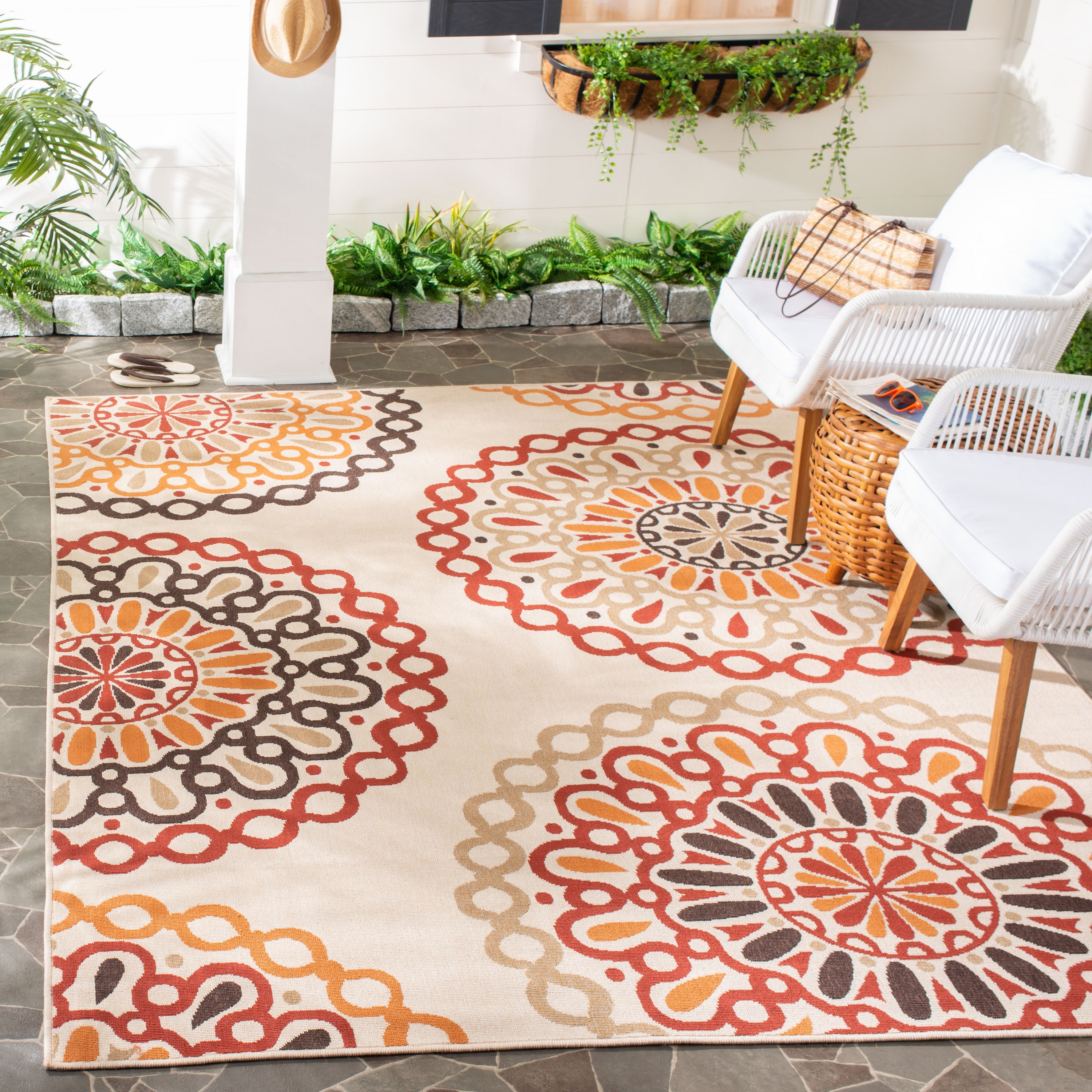 Safavieh VER092-0313-810 Veranda Felizitas 8 x 10 (ft) Loomed Synthetic Creme/Red Rectangular Indoor/Outdoor Floral/Botanical Bohemian/Eclectic Area rug