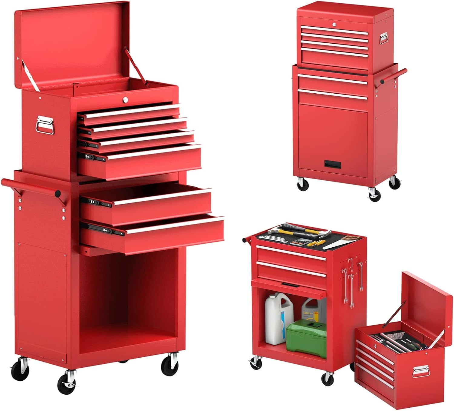 IdealHouse Heavy Duty 6 Drawer Rolling Tool Chest Cabinet Metal Storage Cart with Sliding Drawers Protective Liner Side Armrest Perfect for Garage or Workshop 3 Inch Wheels Red