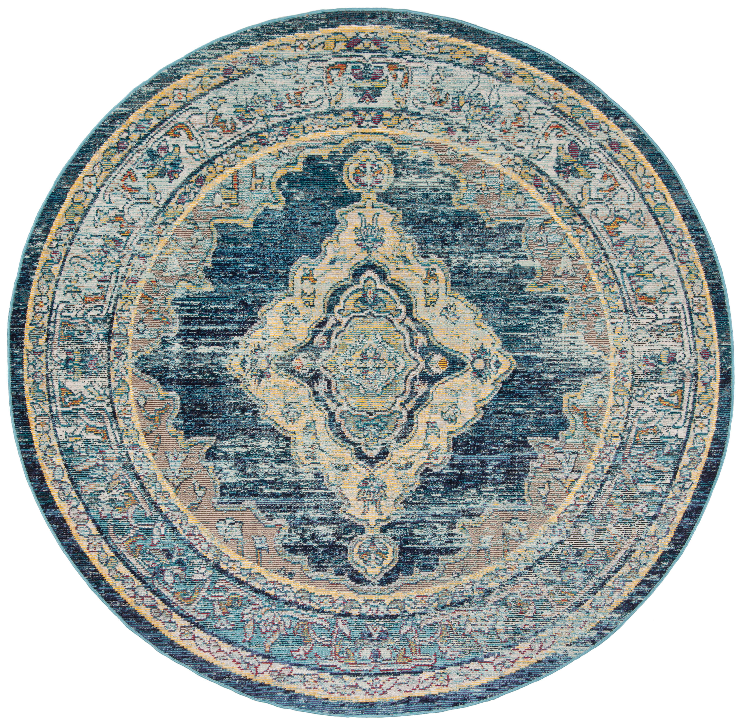 Blue Tufted Round Washable Synthetic Area Rug