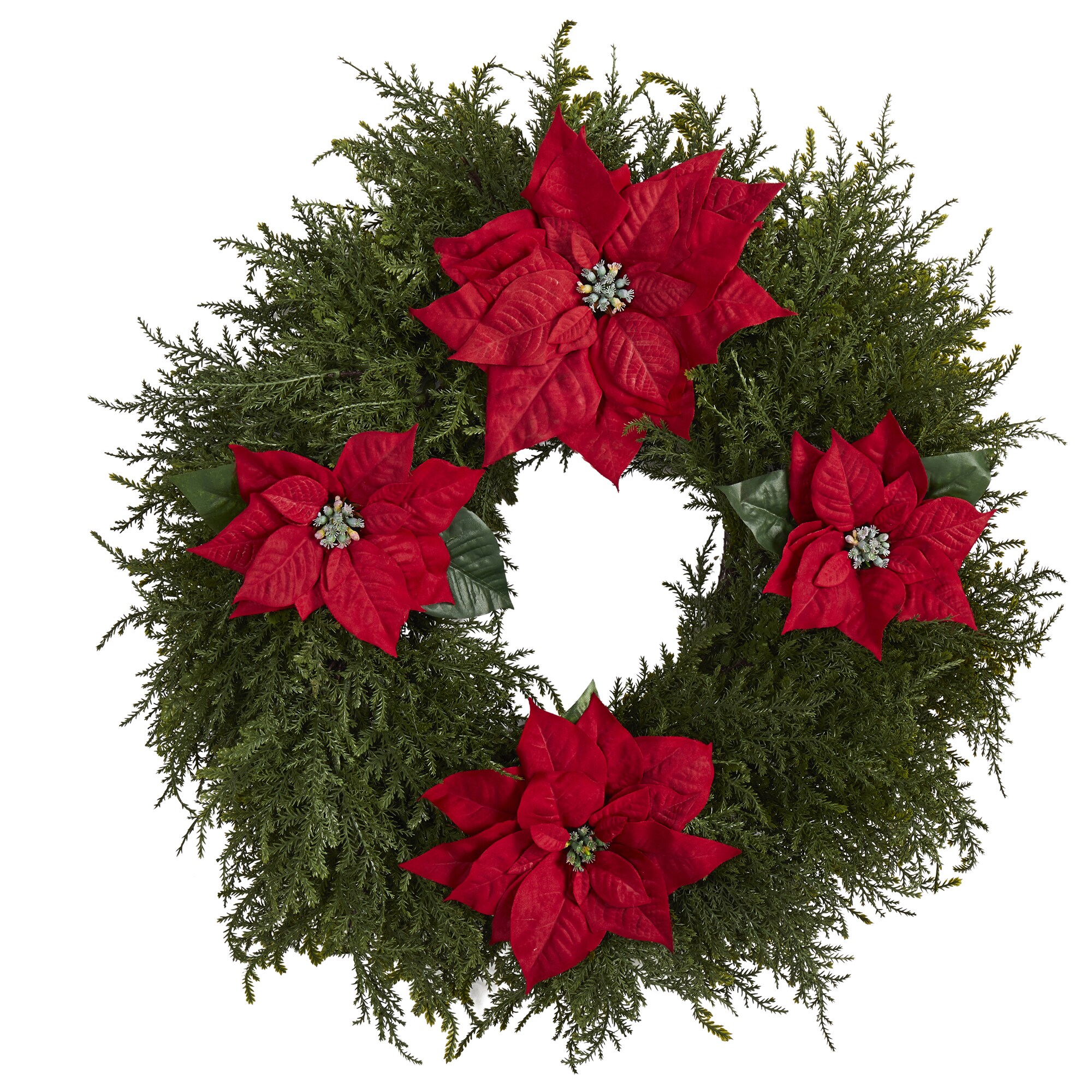 Nearly Natural W1026 24-in Indoor Green Poinsettia Artificial Christmas Wreath
