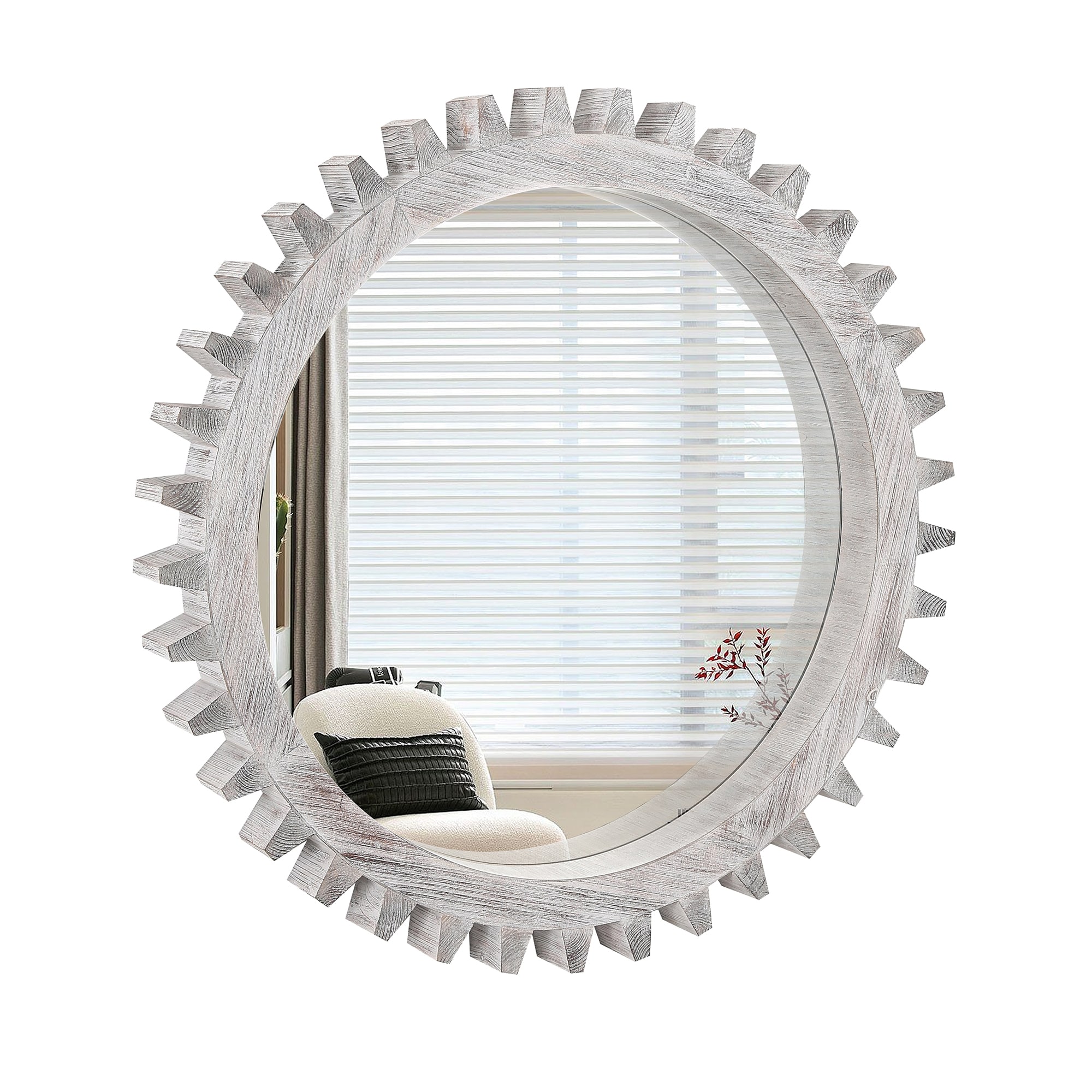Bybafun YD2400058 26-in W x 26-in H Sunburst White Washed Framed Wall Mirror