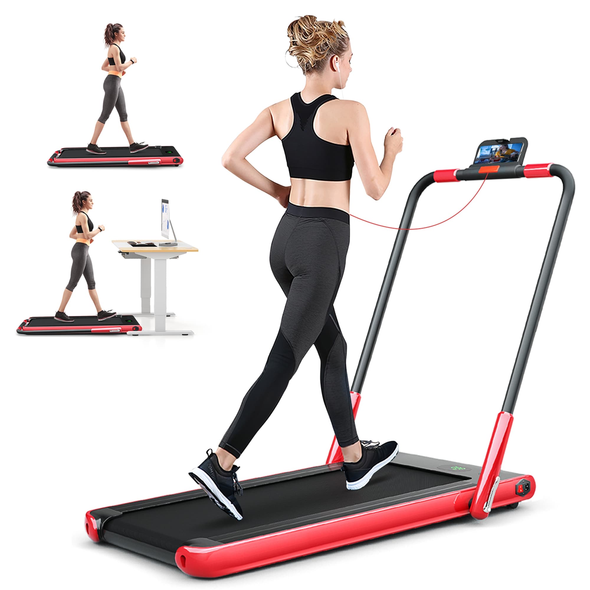Costway Superfit Up To 7.5MPH 2.25HP 2 in 1 Folding Under Desk Treadmill W/ Speaker Remote Control APP Single Display Screen Red | CSHY000949