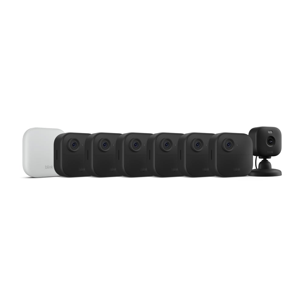 Blink  Outdoor 4 XR - Wireless Smart Security Camera 6-Pack + Mini 2 Plug-in Smart Security Camera, Black Bundle (Sync Module Core Included)