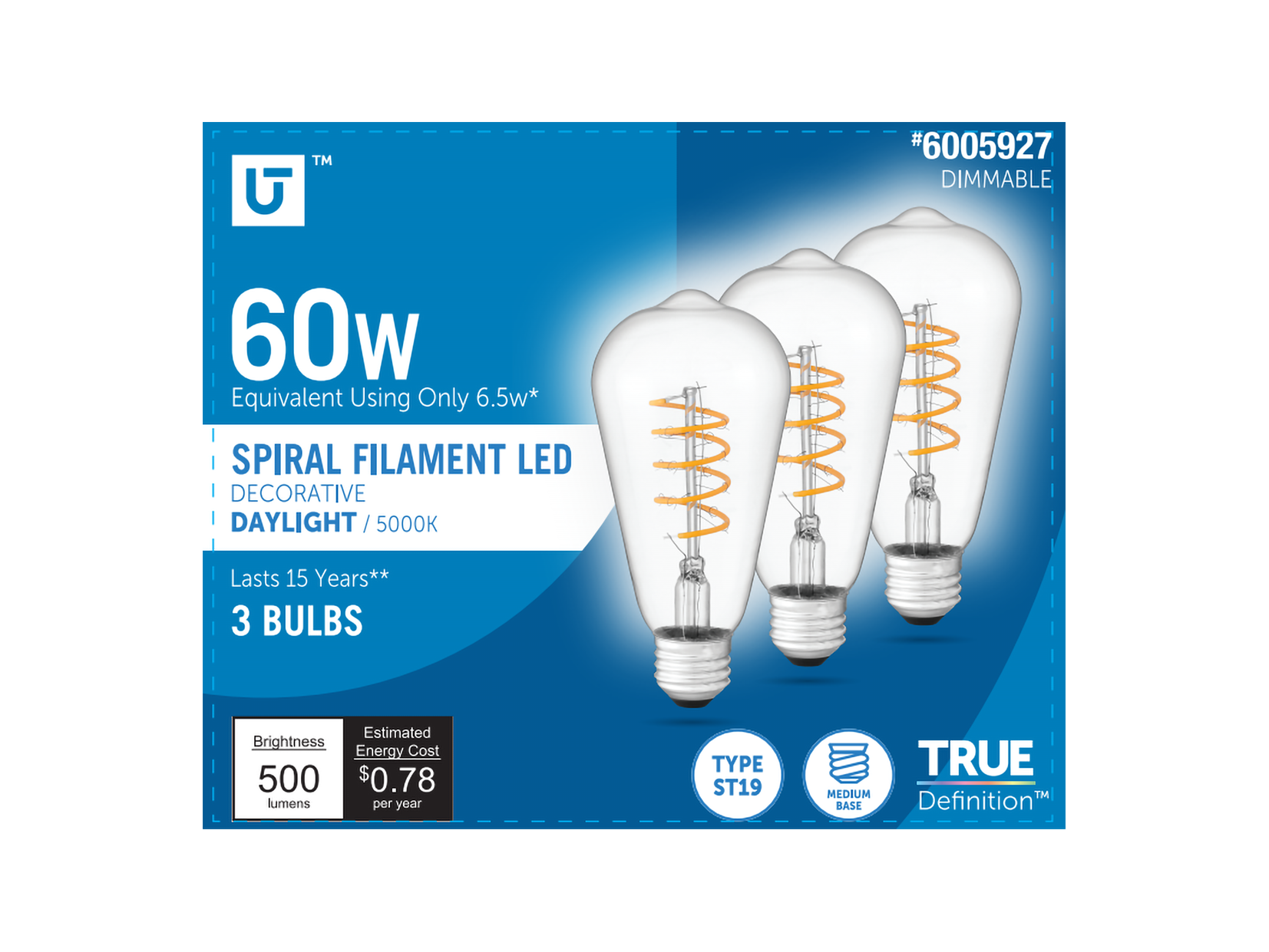 Utilitech 5ST19DG6.5WRVCL50K3P Solo Swirl 60 -Watt EQ ST19 Daylight E26 Dimmable LED General purpose Light Bulb 3 -Pack