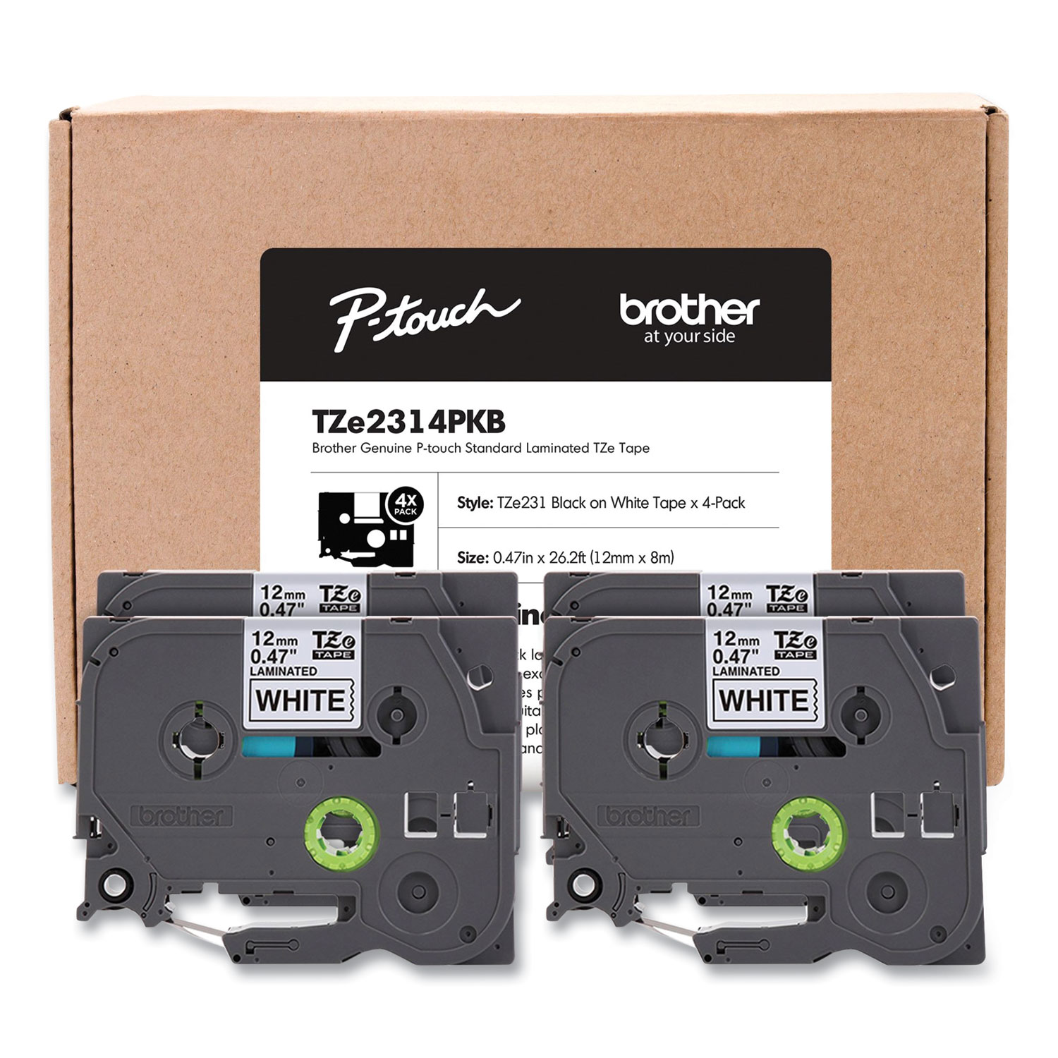 Brother TZe Series Standard Adhesive Laminated Labeling Tape 0.5 Black on White 4/Pack #TZE2314PKB