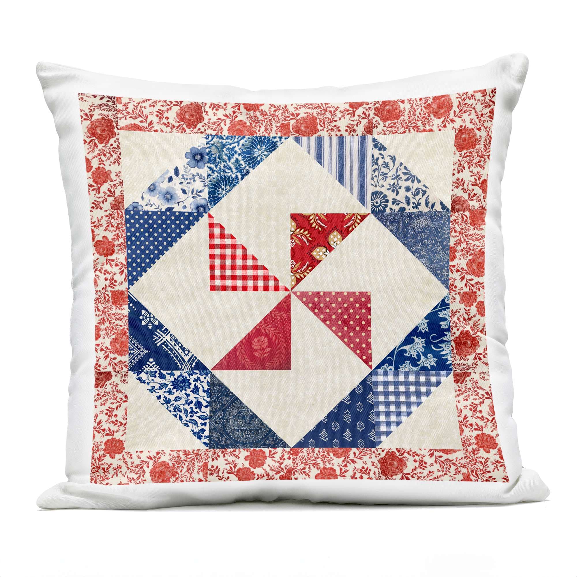 Stupell Industries PLP-266-OSQ-18X18 Collaged Quilt Patterns Red and Blue Outdoor Printed Pillow Design by Susan Arnot
