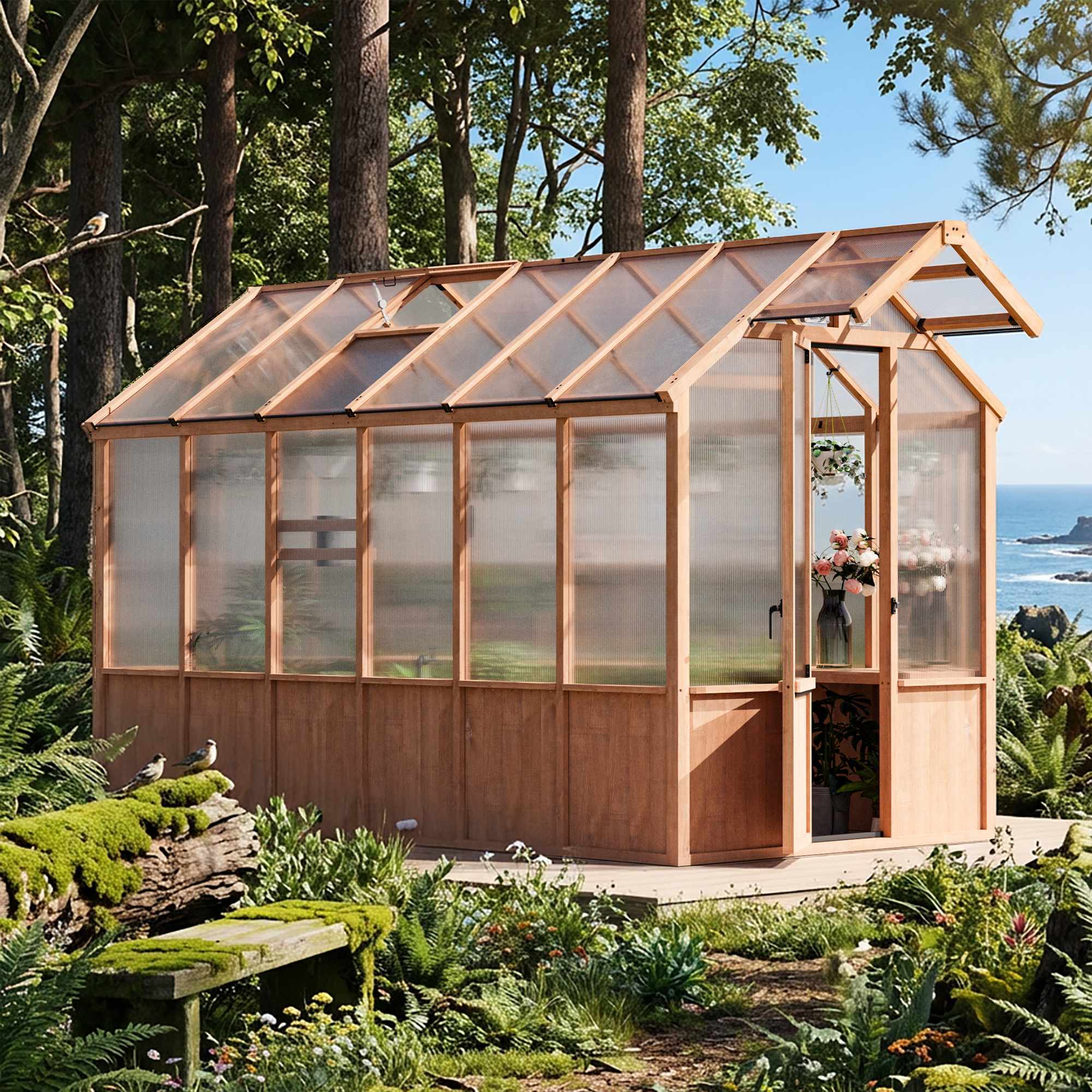 Modern Shade 12 ft L x 6.5 ft W x 8 ft H Cedar Wood Greenhouse Kit with Built In Shelving Outdoor Faucet Power Strip and Ventilation System